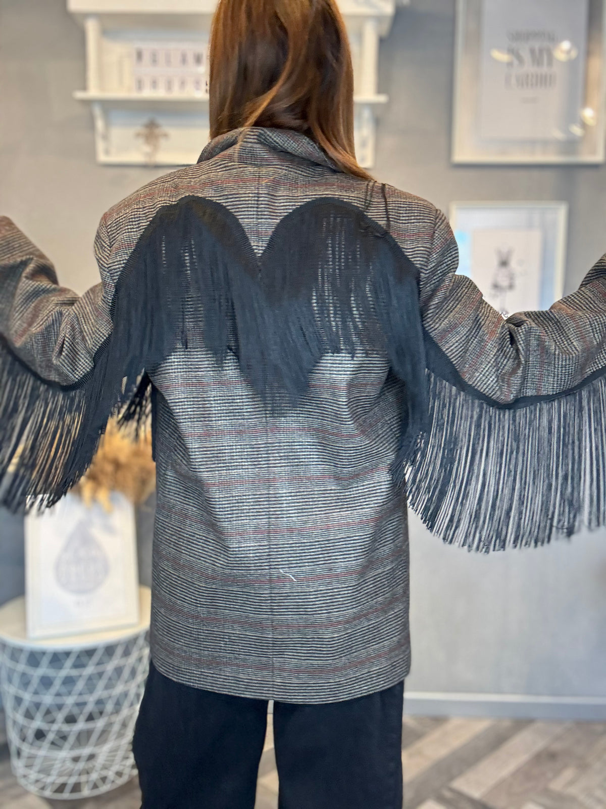 Lumina blazer check Dakota frange nere