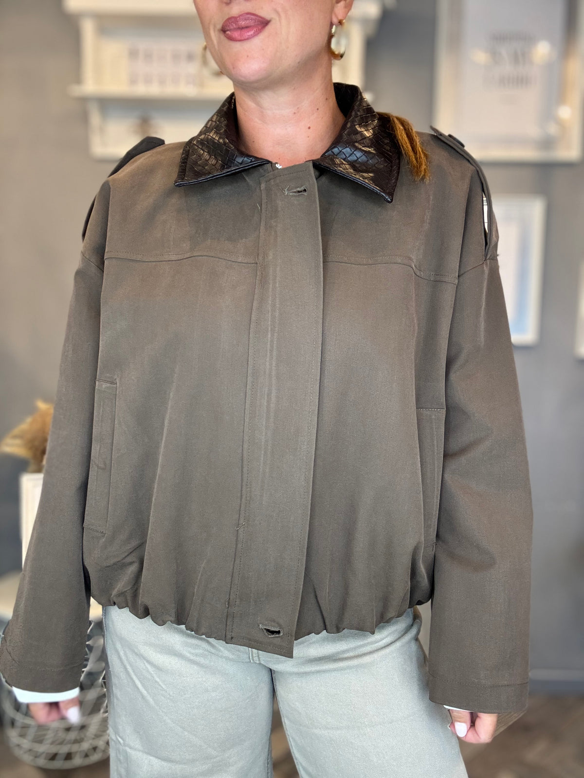 Bomber collo intrecciato fango