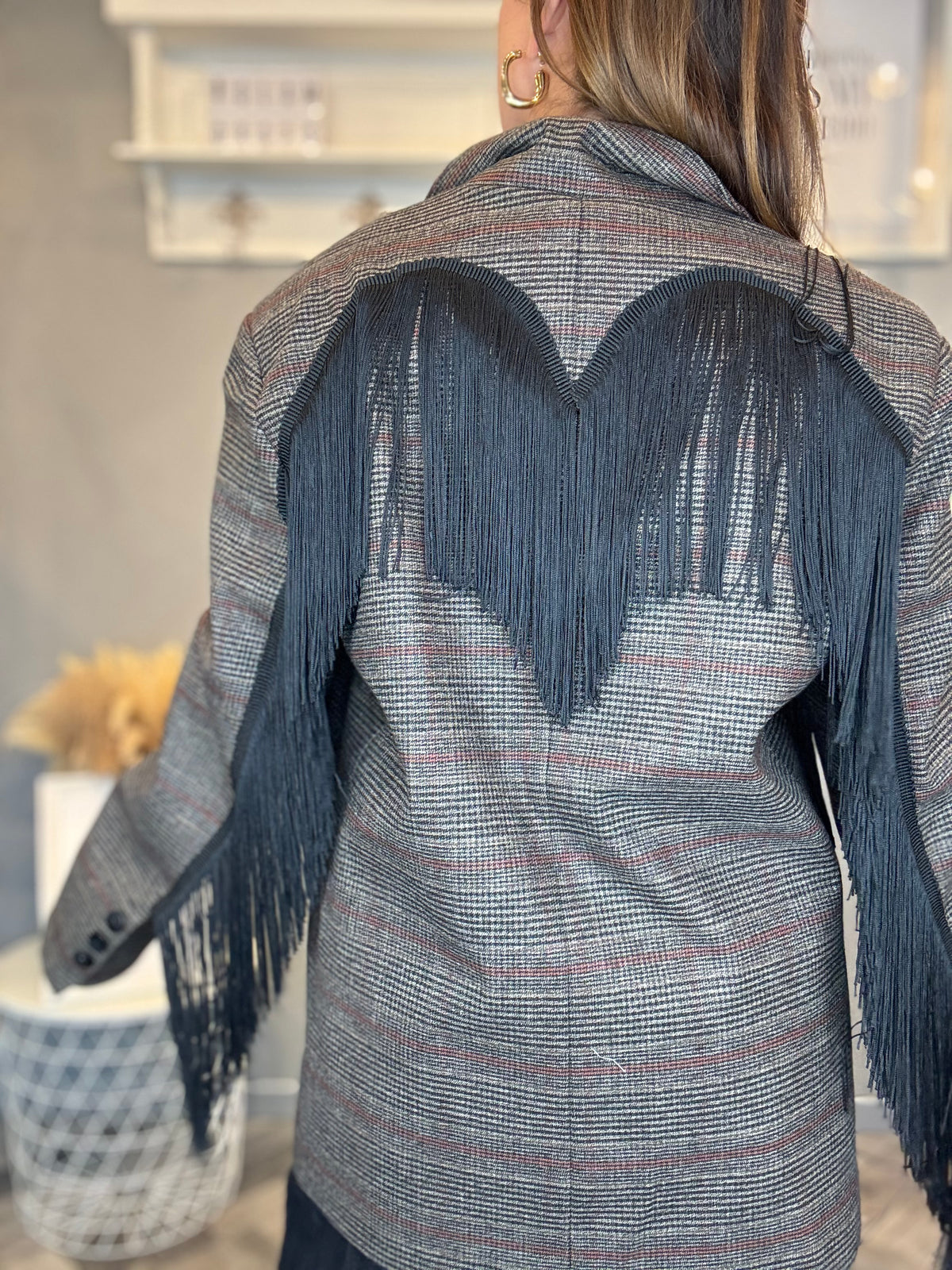 Lumina blazer check Dakota frange nere