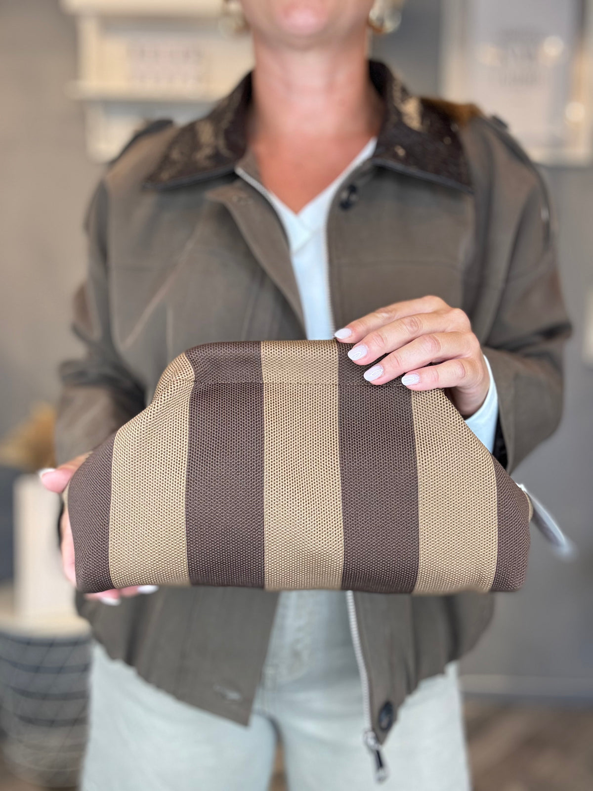 Borsa Stripe nocciola e cioccolato