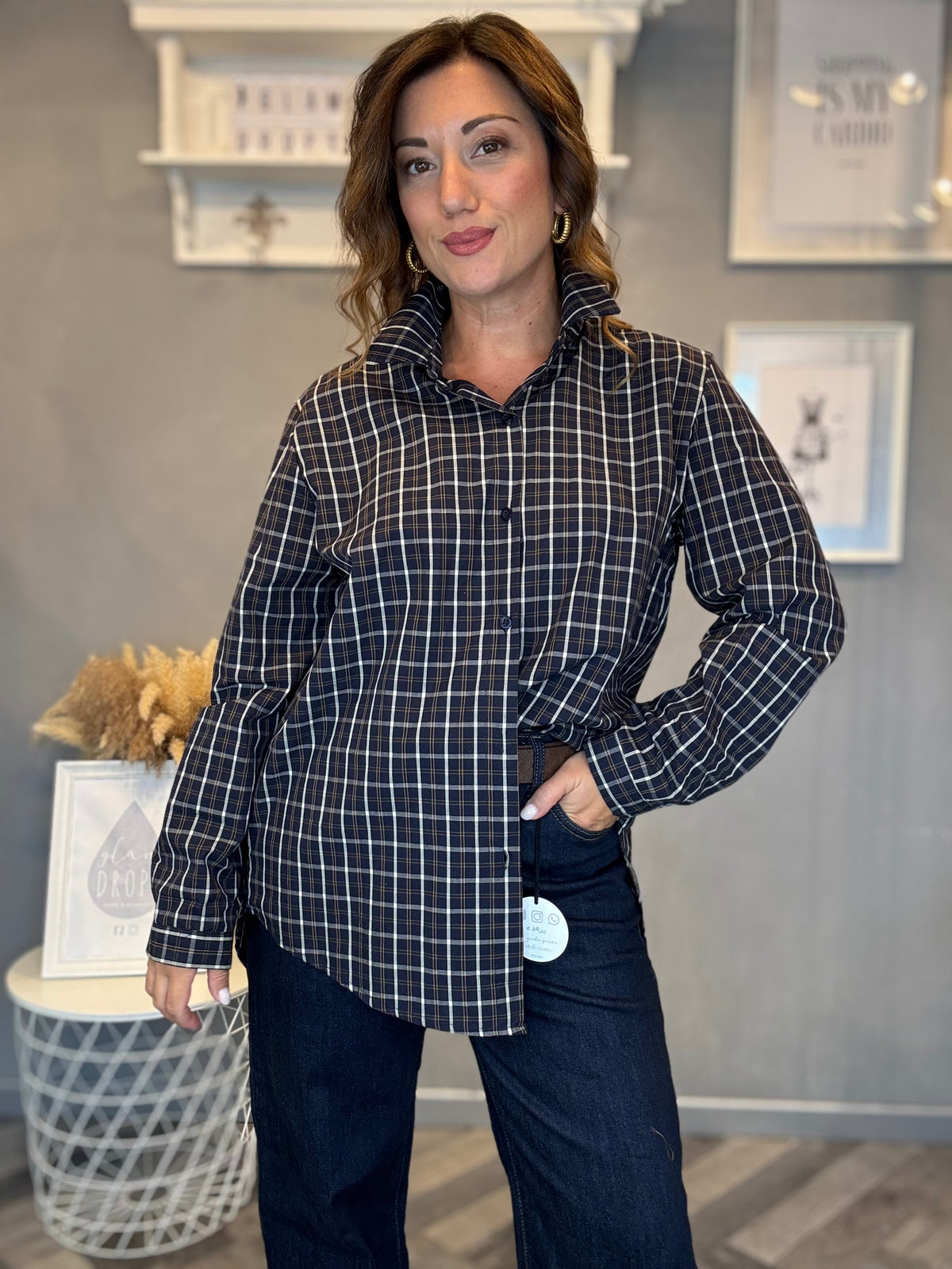 Camicia macro check blu e panna