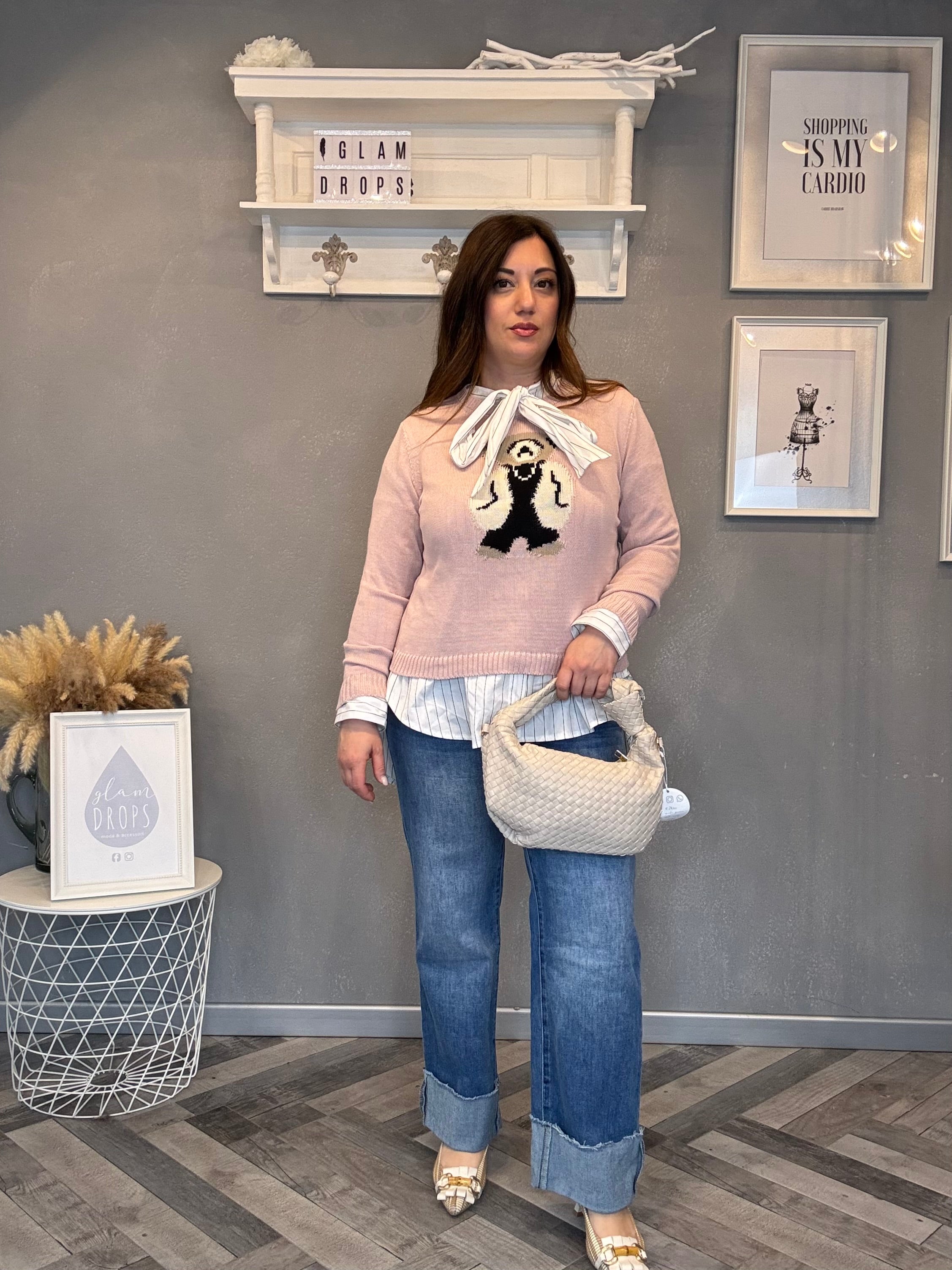 Maglioncino rosa cipria con orsetto burro