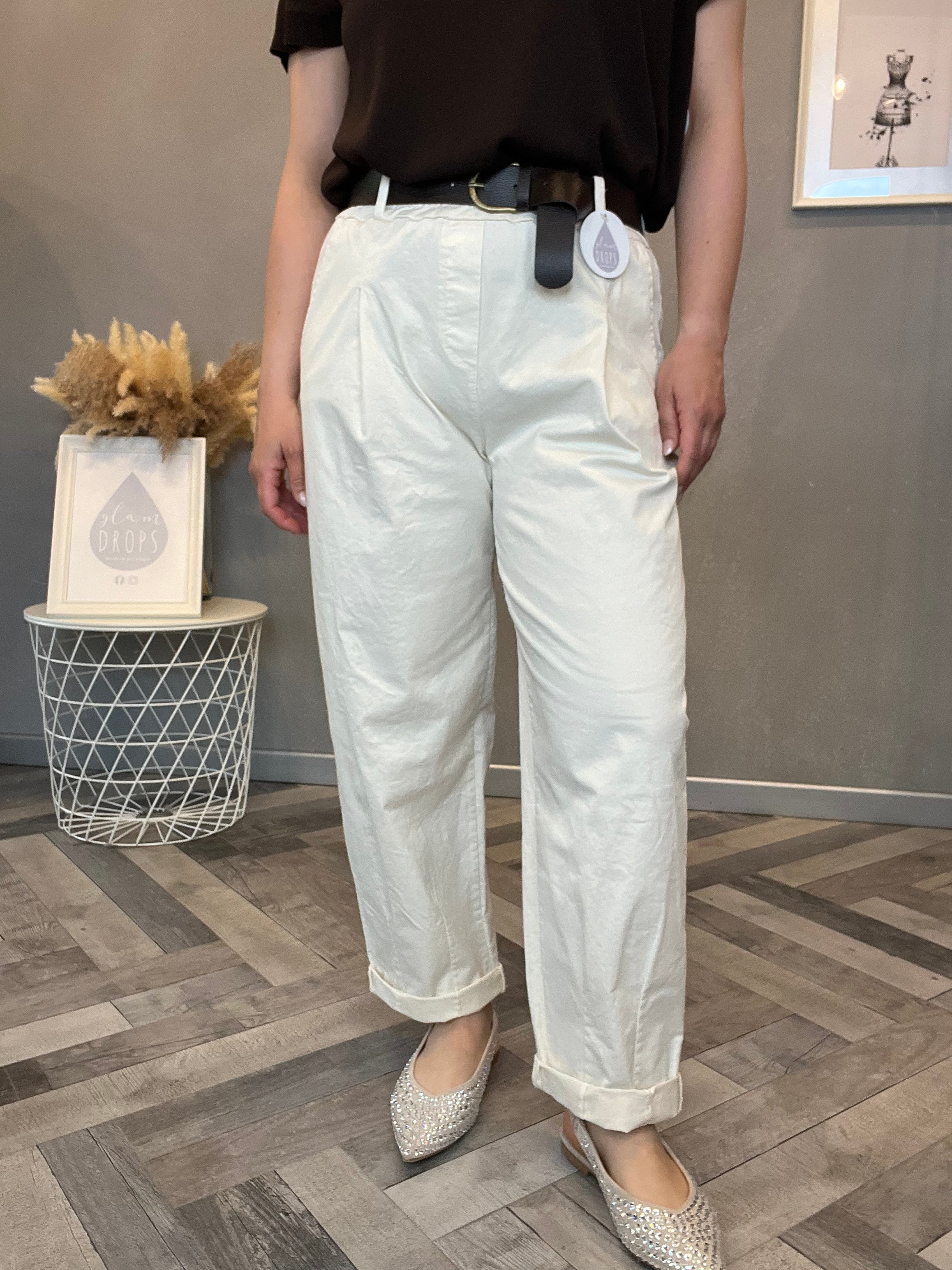 Pantalone boy-friend panna in cotone