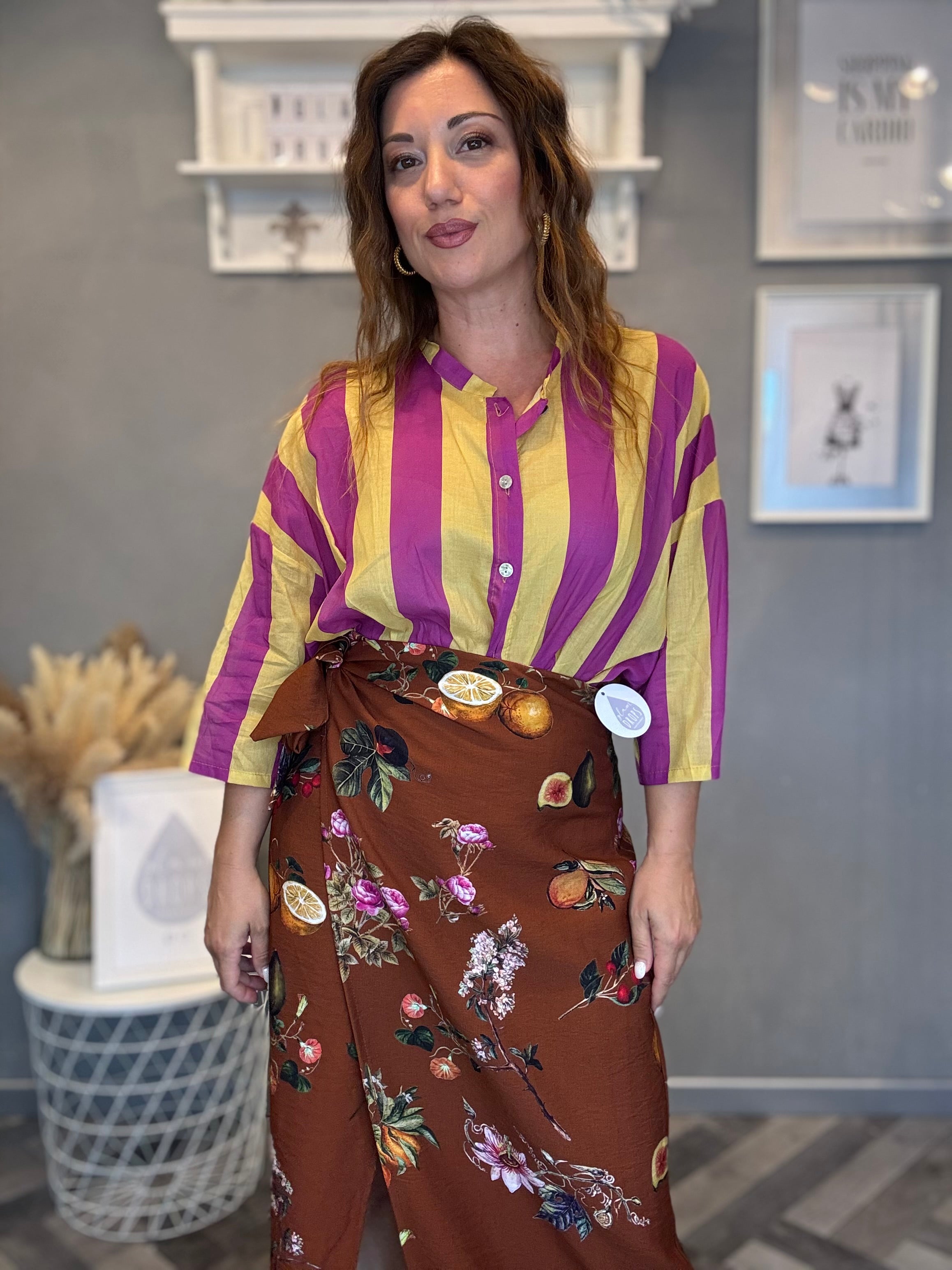 Camicia Isla Bonita coreana bande ciclamino e lime