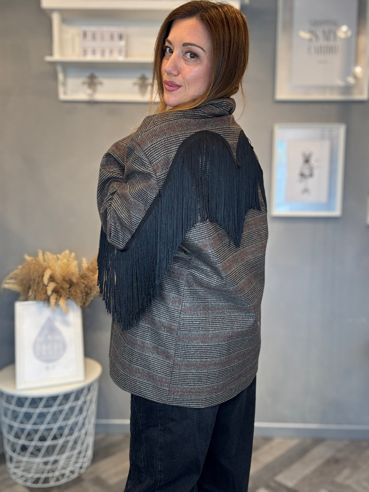 Lumina blazer check Dakota frange nere