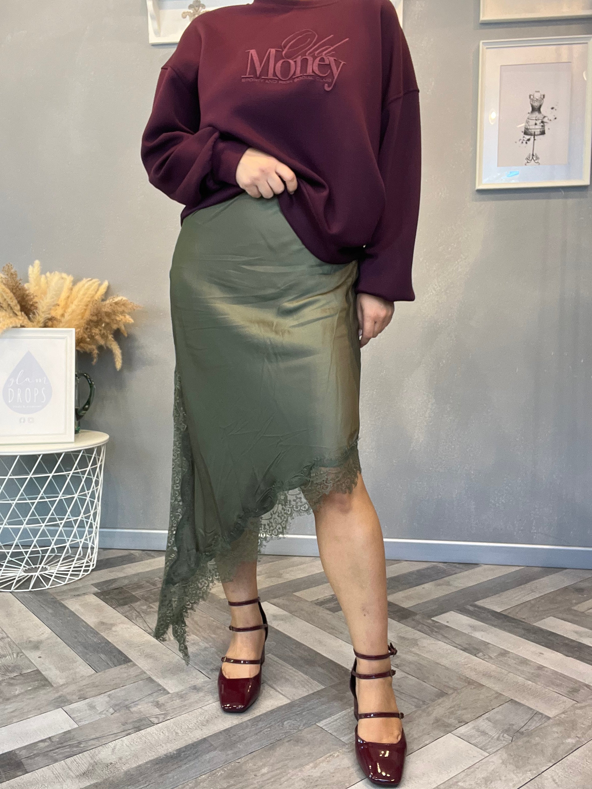 Lumina gonna raso e pizzo verde militare