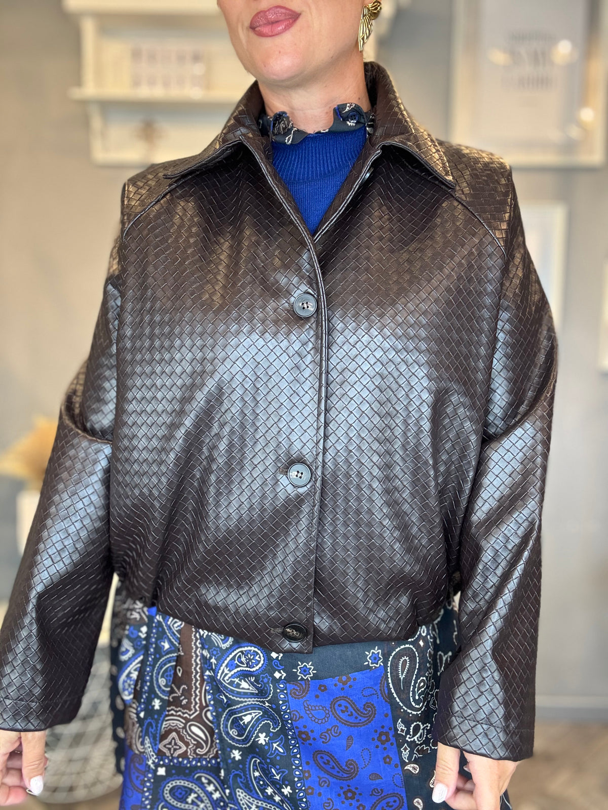 Bomber intrecciato ecopelle moro