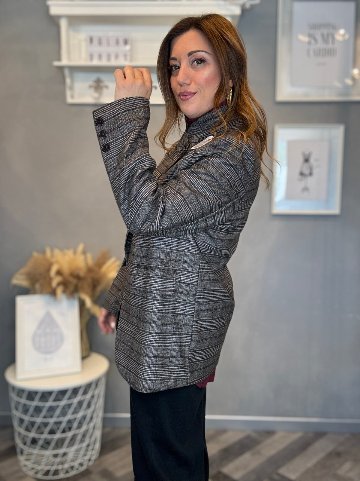 Blazer check grigio collo incrociato