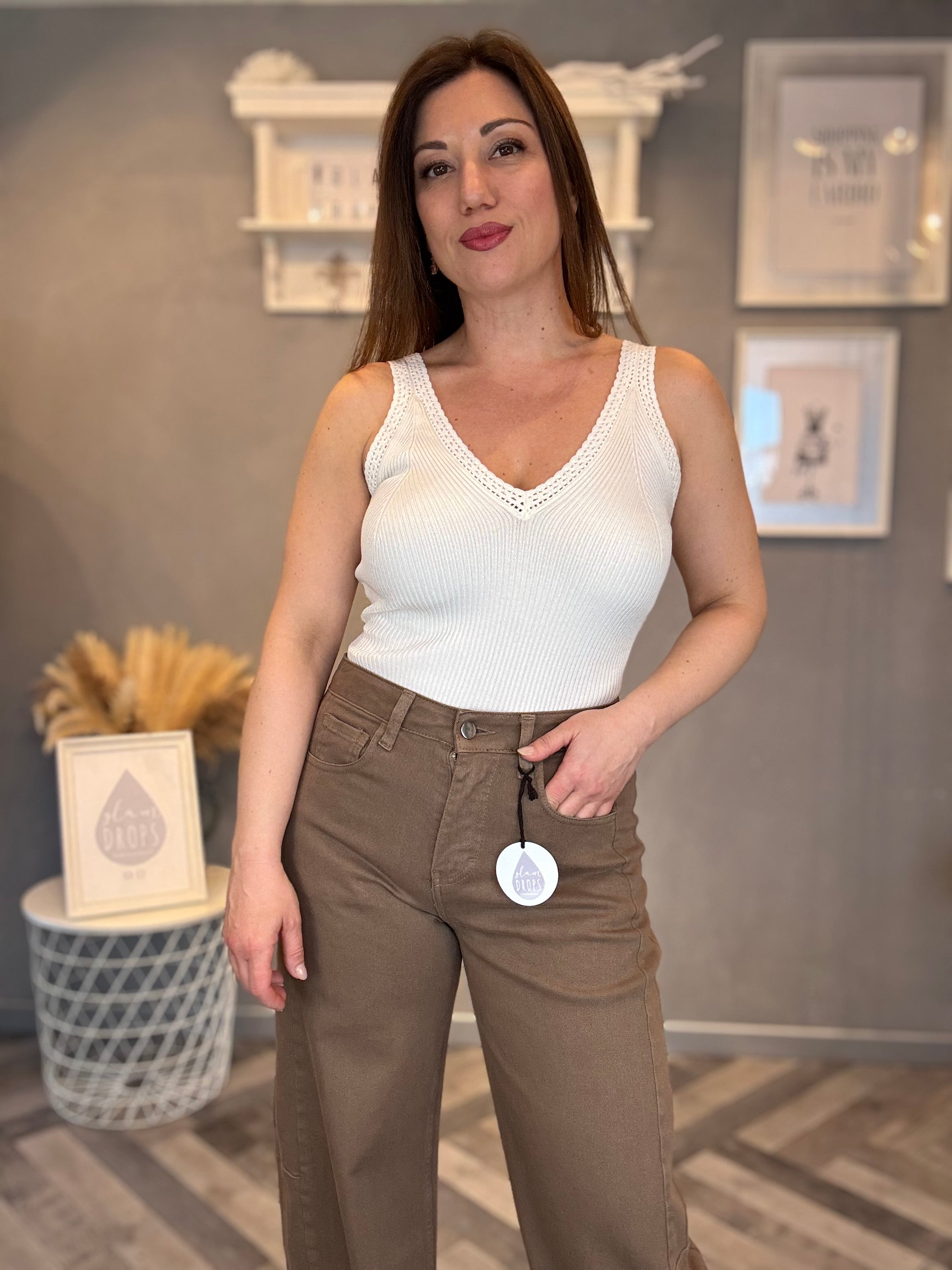 Body costina scollo pizzo burro