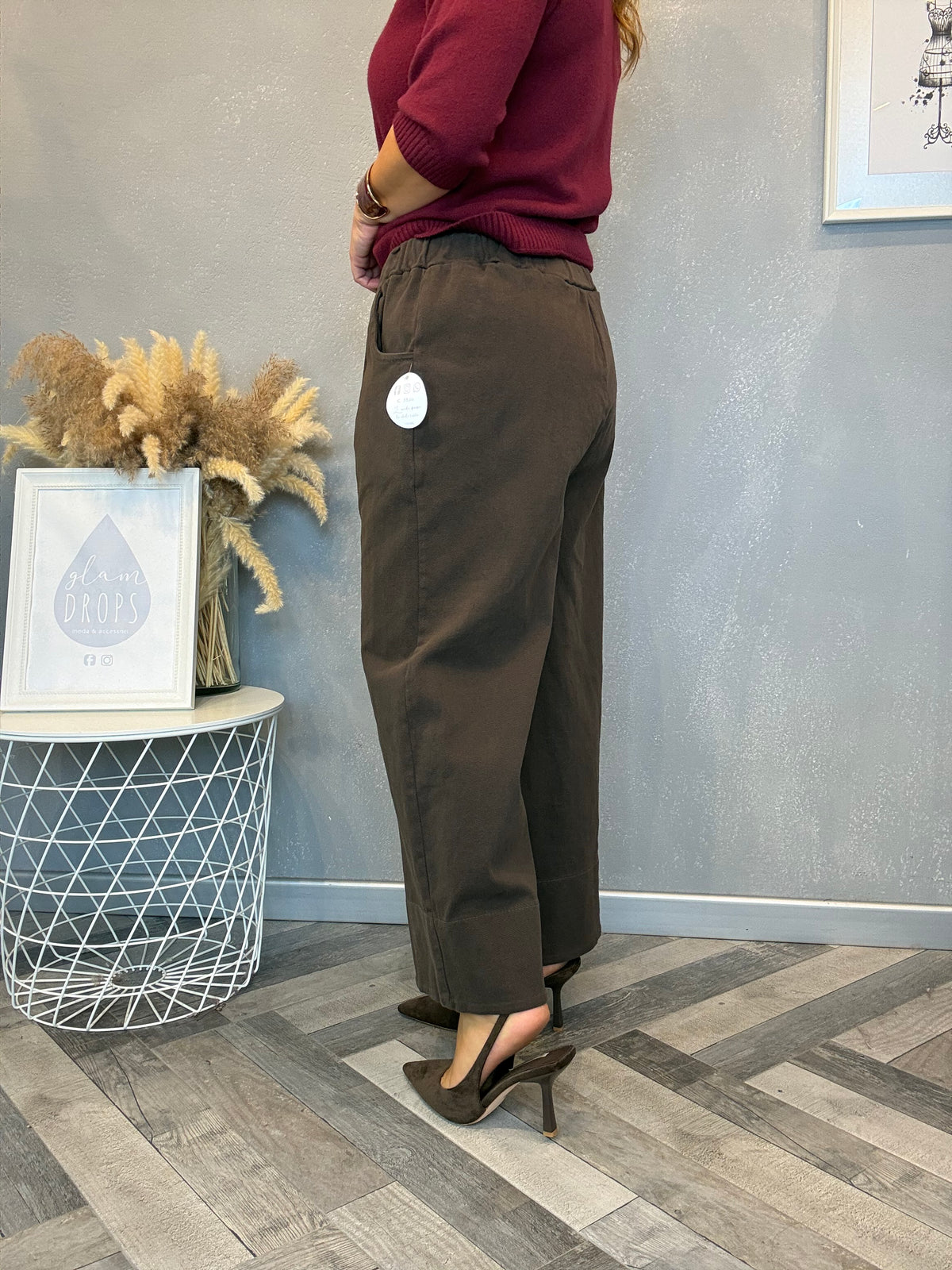 Pantalone wide leg crop cotton moro