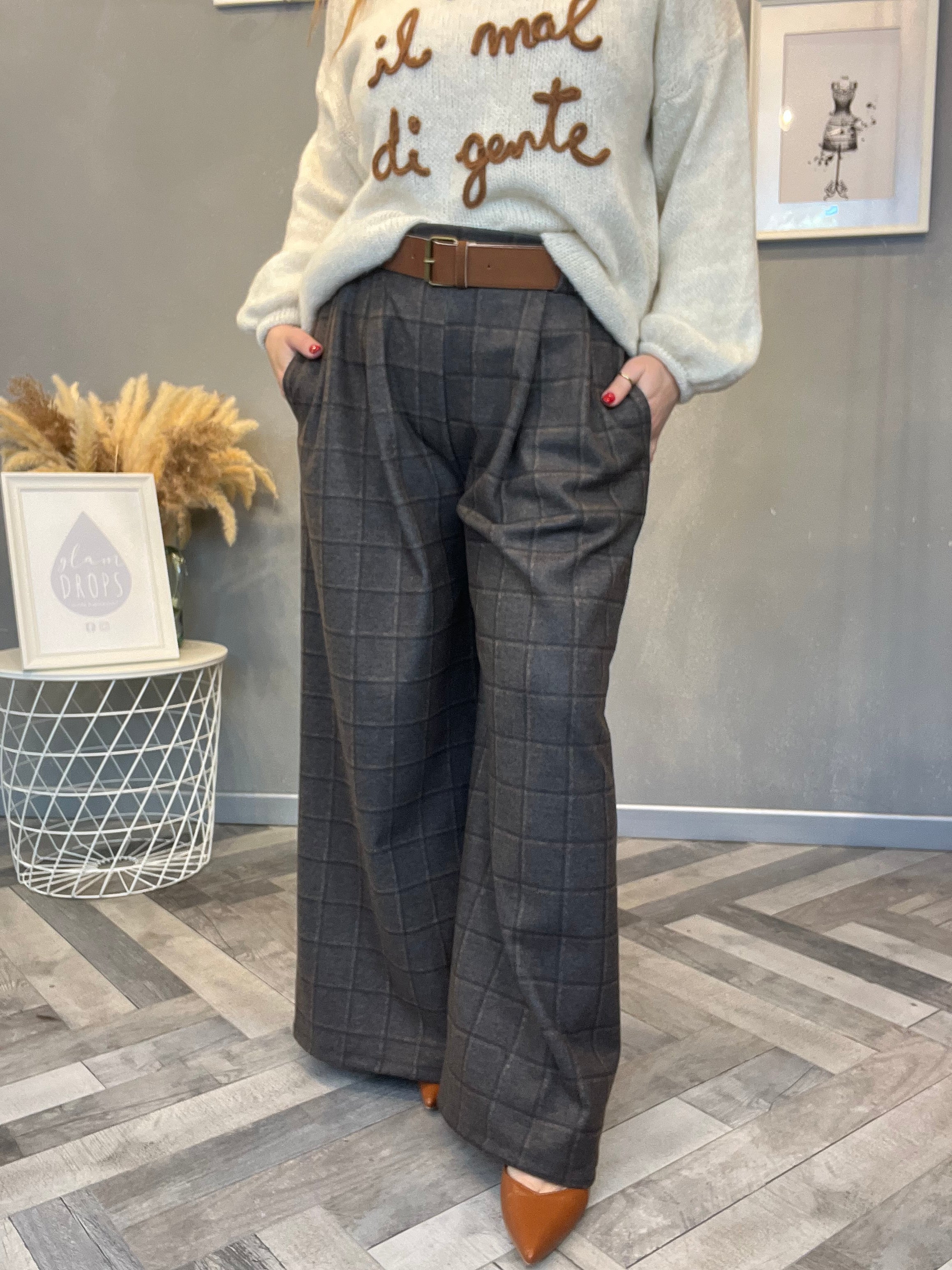 Pantalone palazzo flanella check grigio