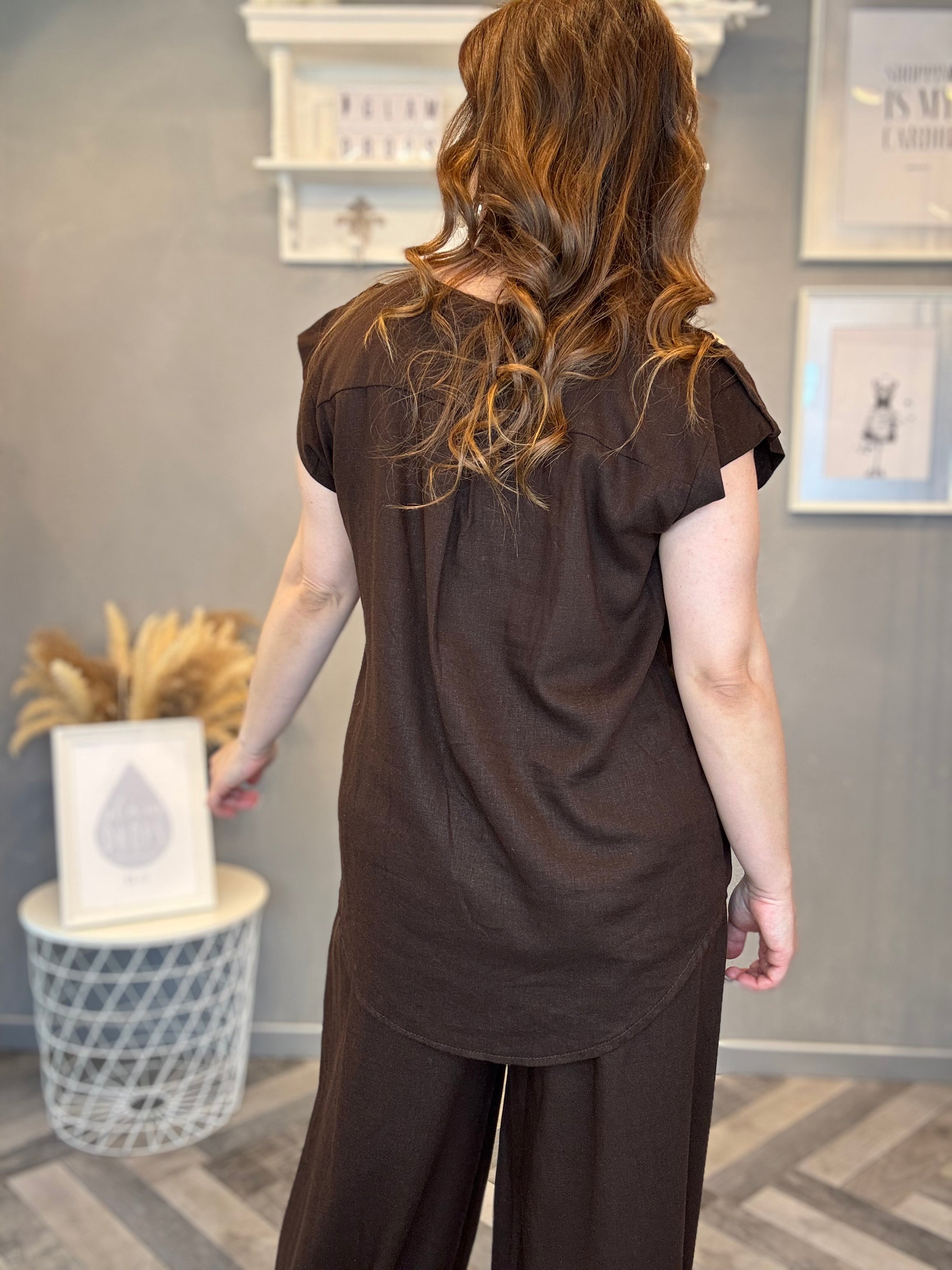 Blusa in misto lino cioccolato