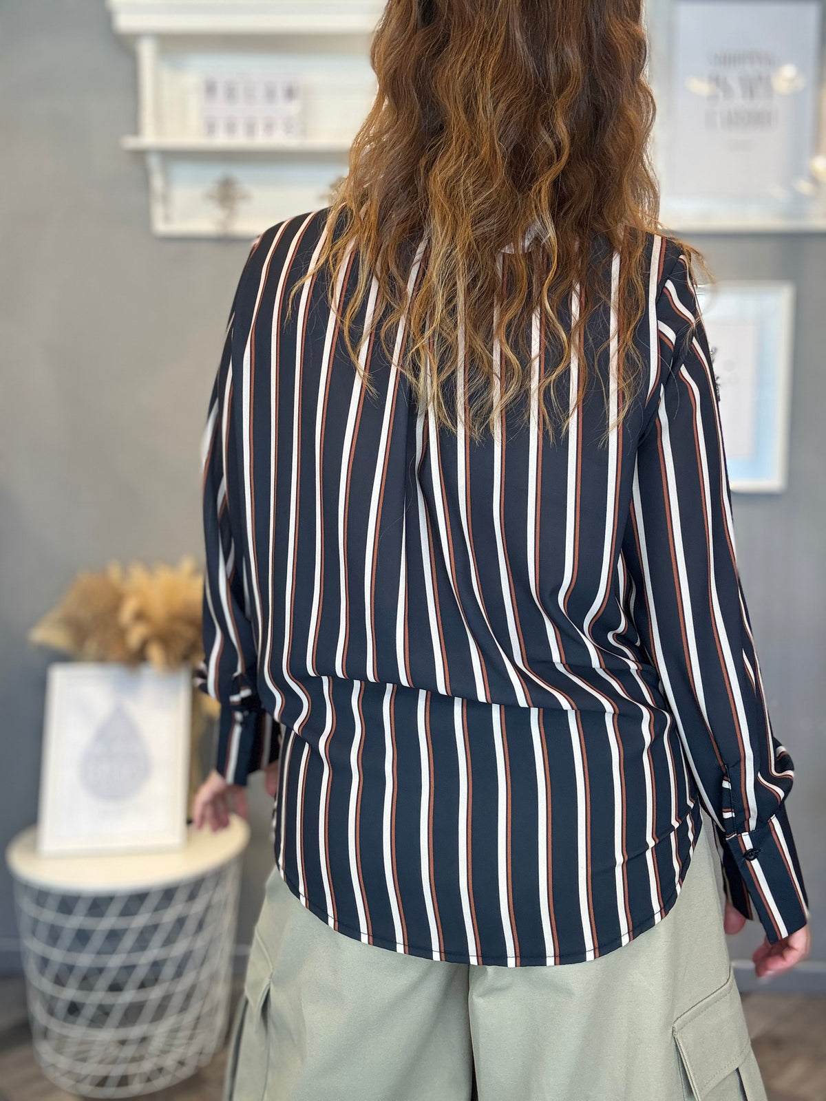Blusa a incrocio blu righe burro e cuoio