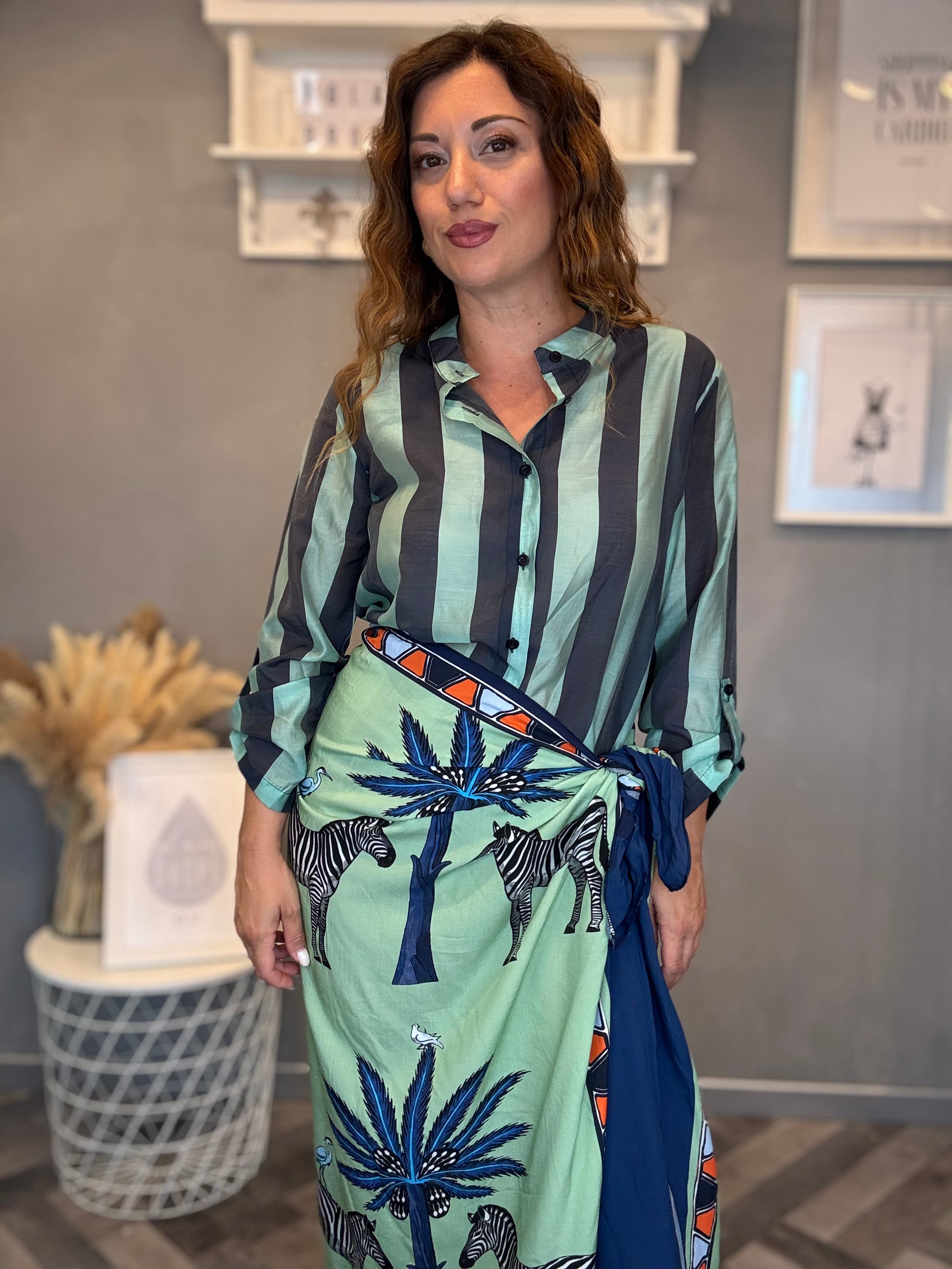 Camicia Isla Bonita bande roll-up blu e acqua