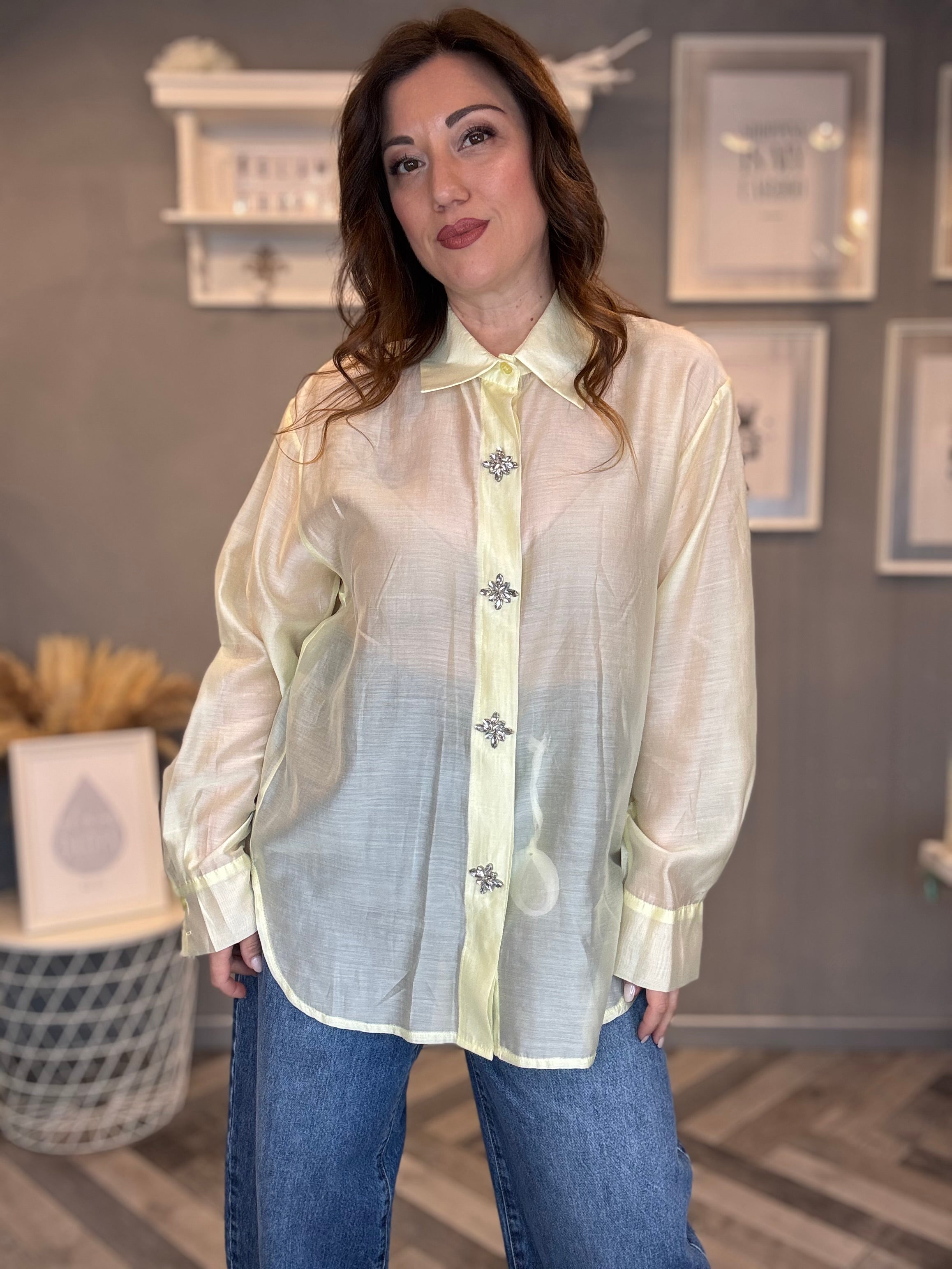 Camicia gioiello in tencel giallo pastello