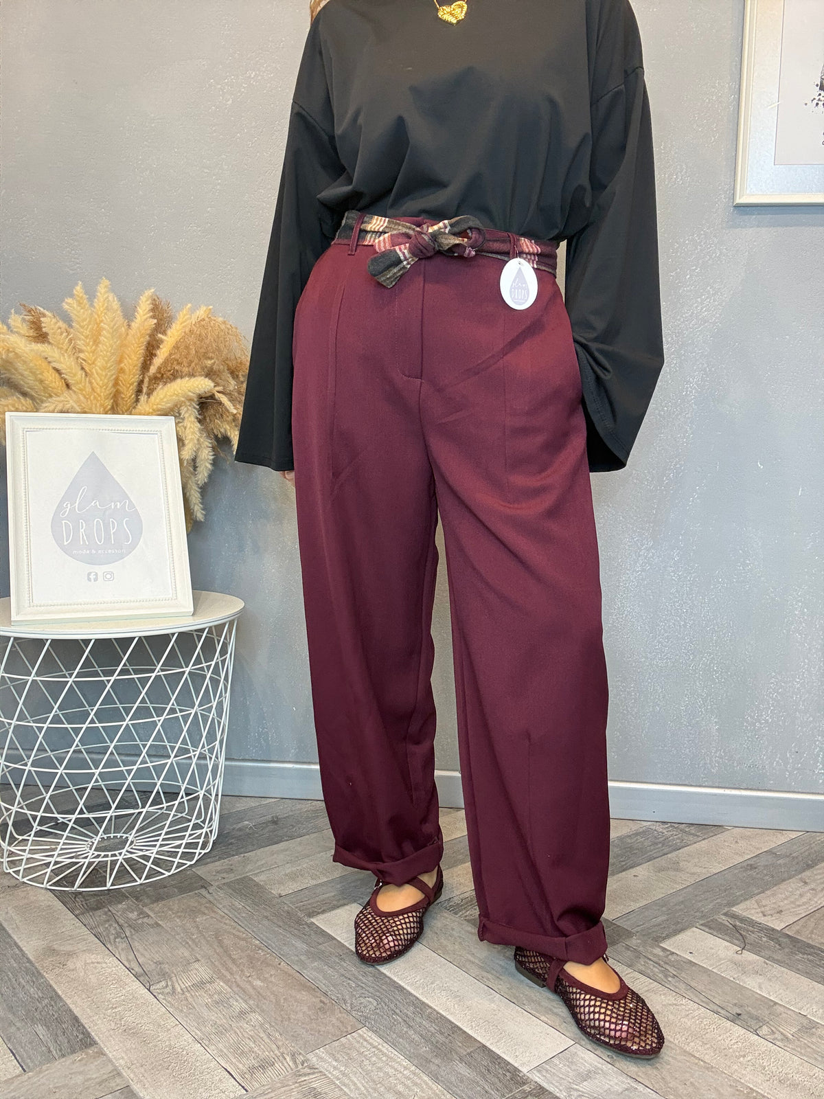 Pantalone check detail bordeaux