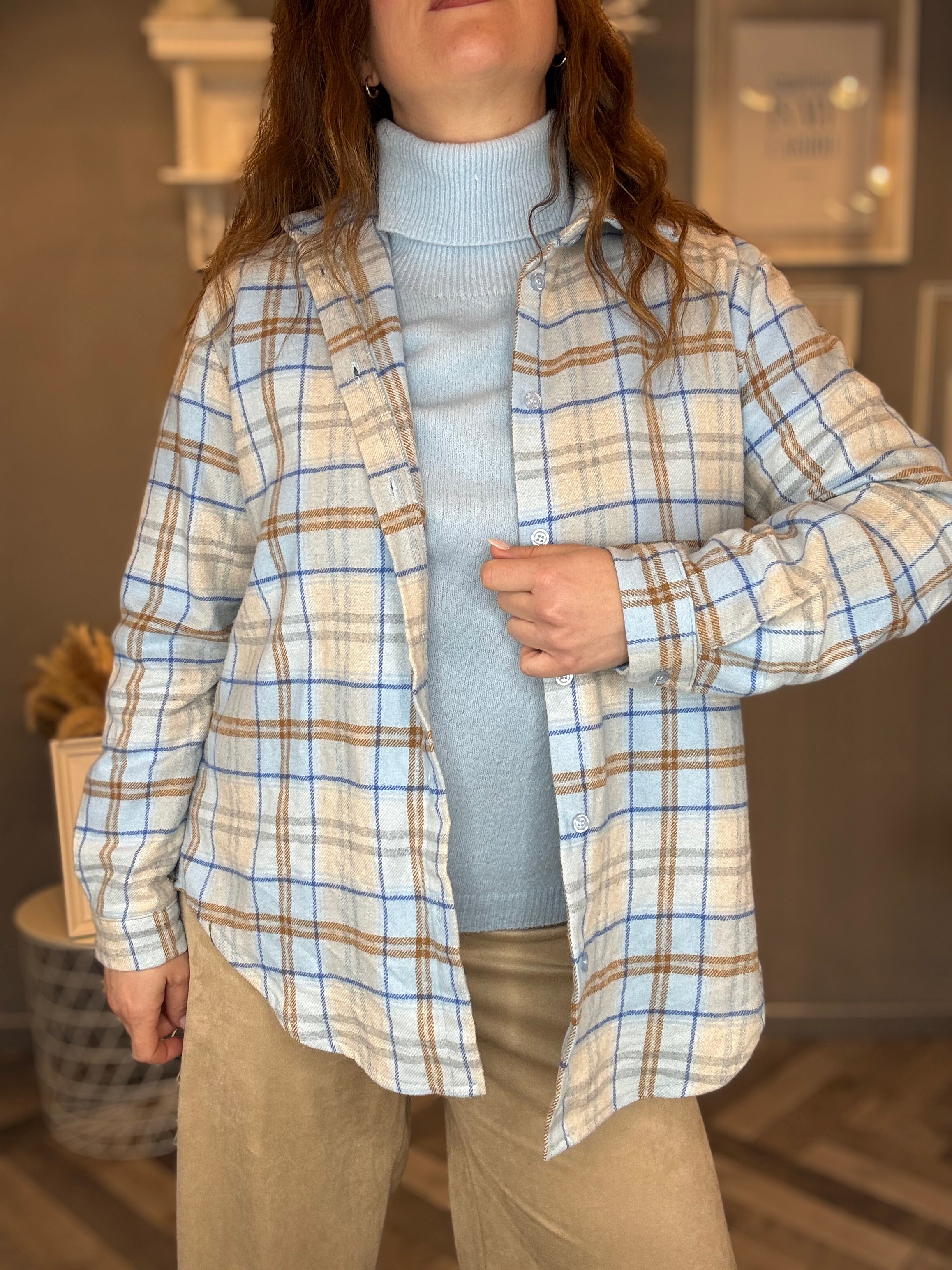 Camicia flanella check celeste