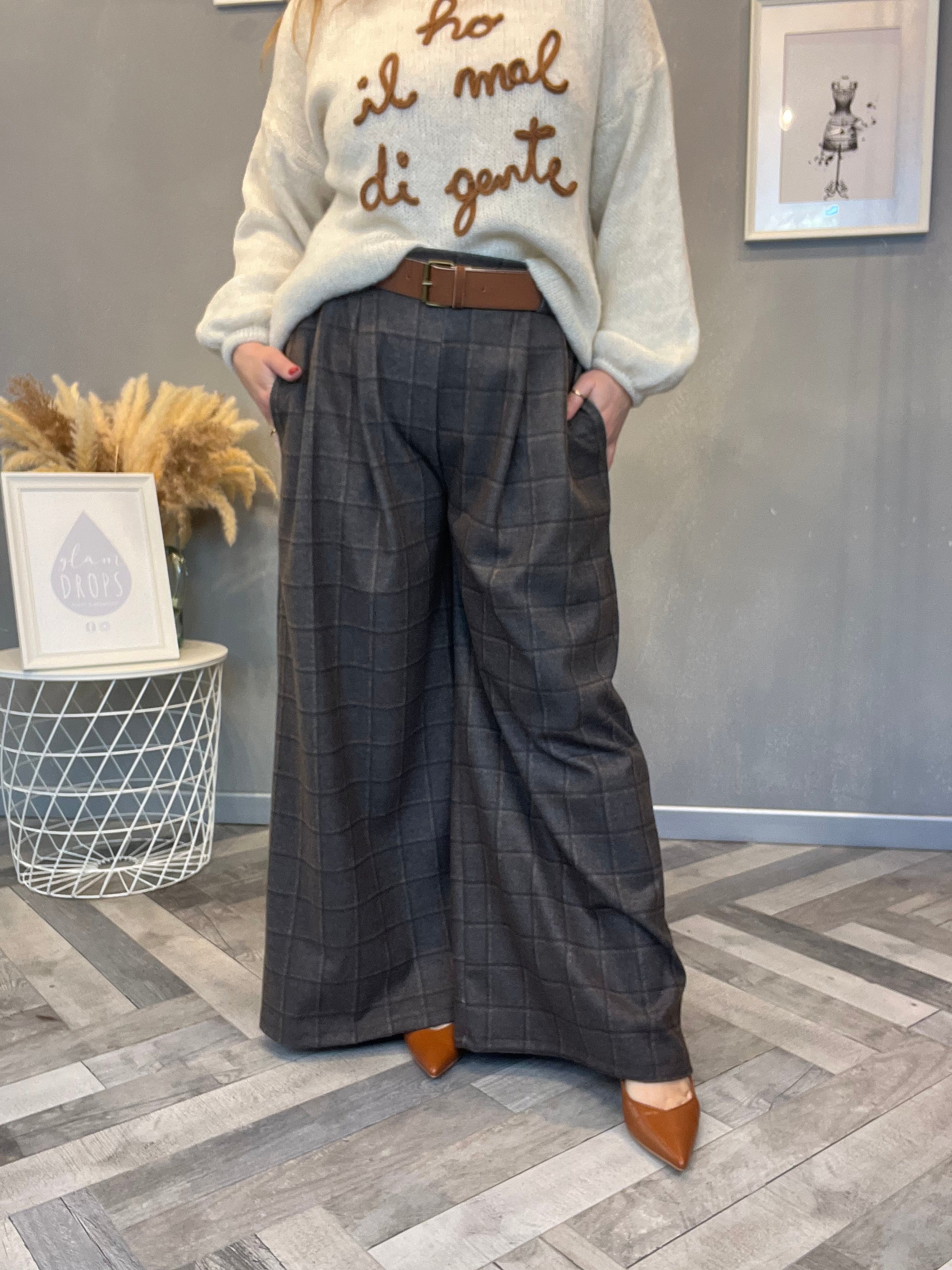 Pantalone palazzo flanella check grigio