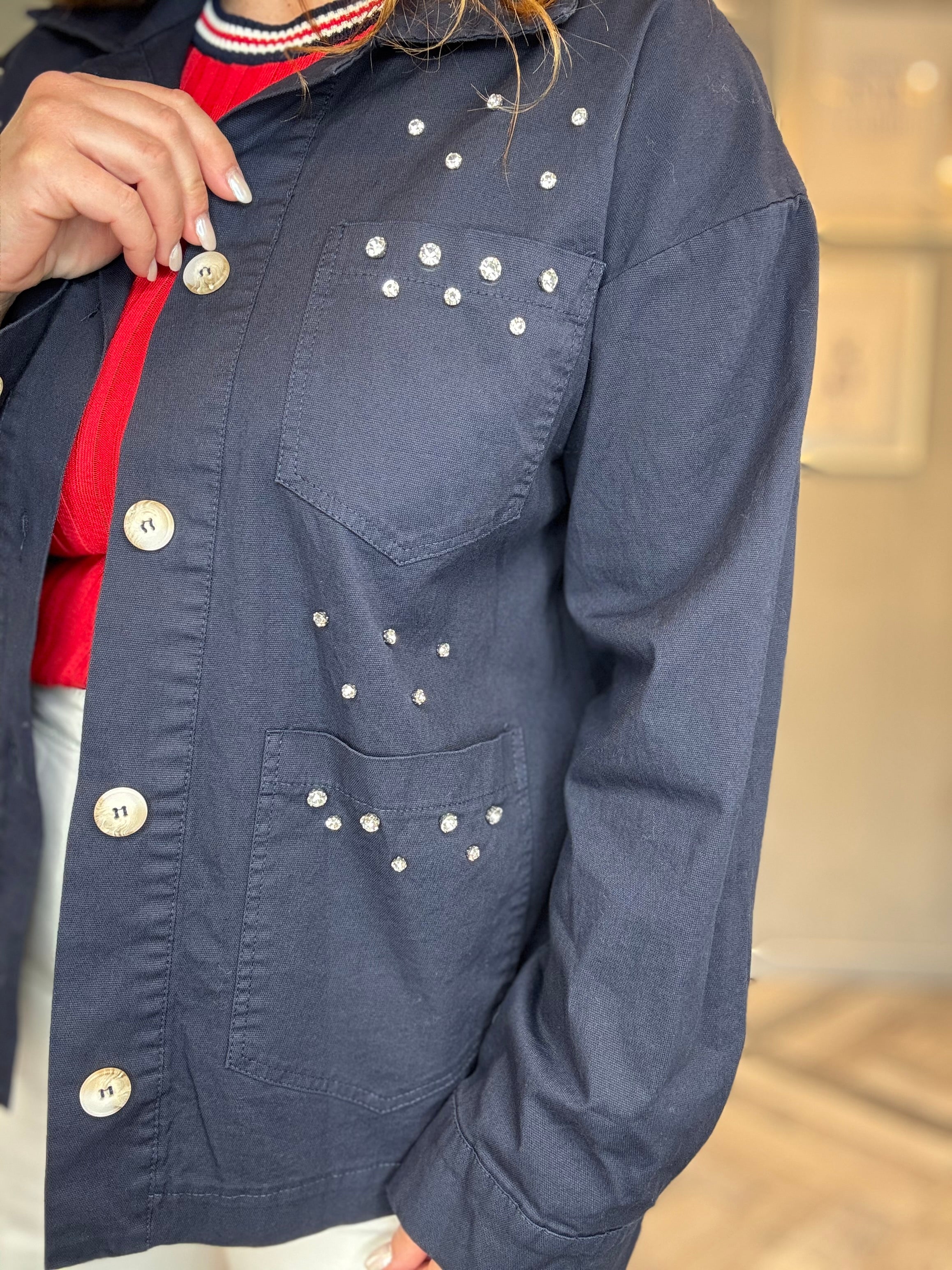 Giacca utility blu con dettagli gioiello