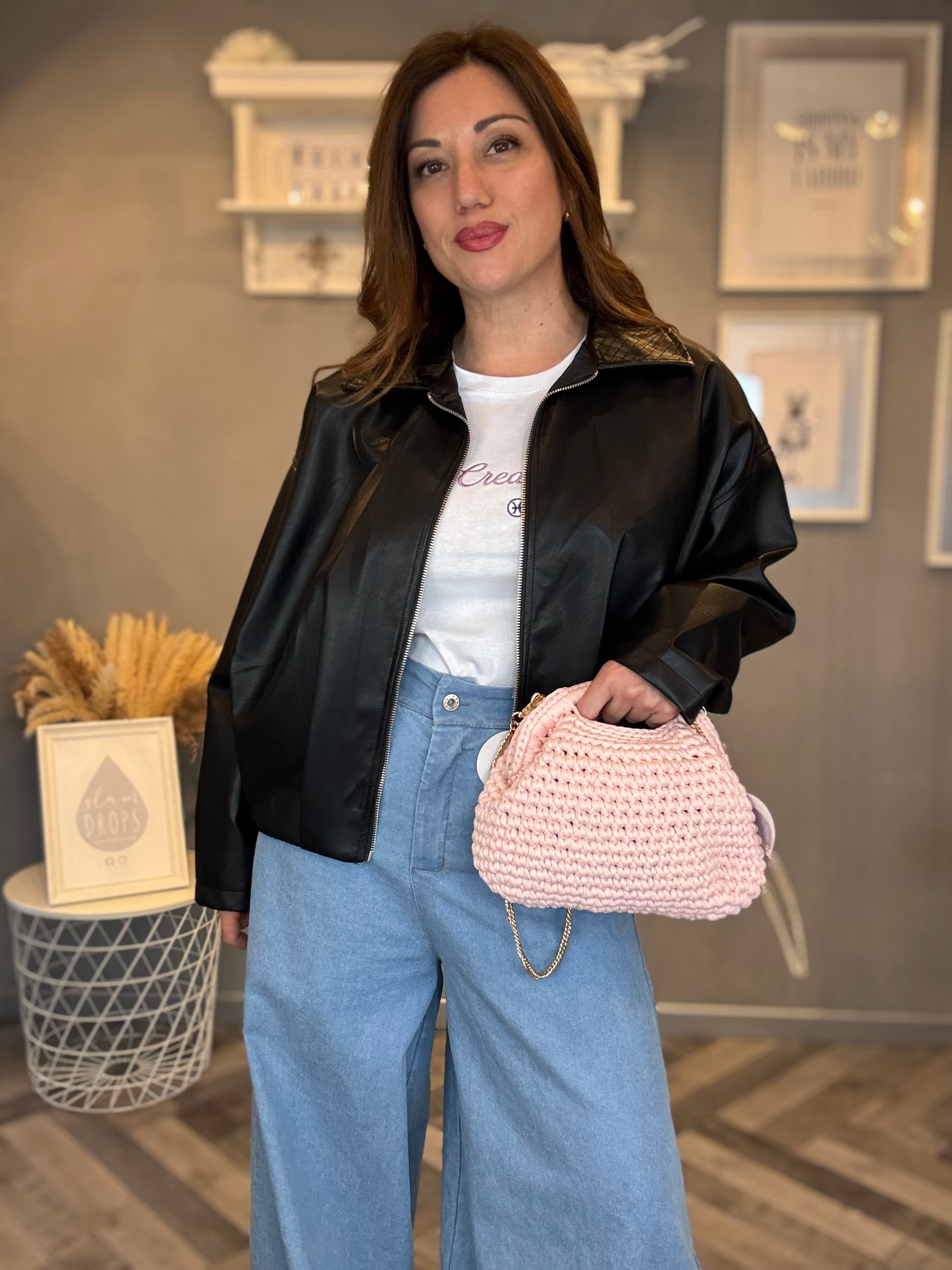 Bomber ecopelle collo intrecciato nero