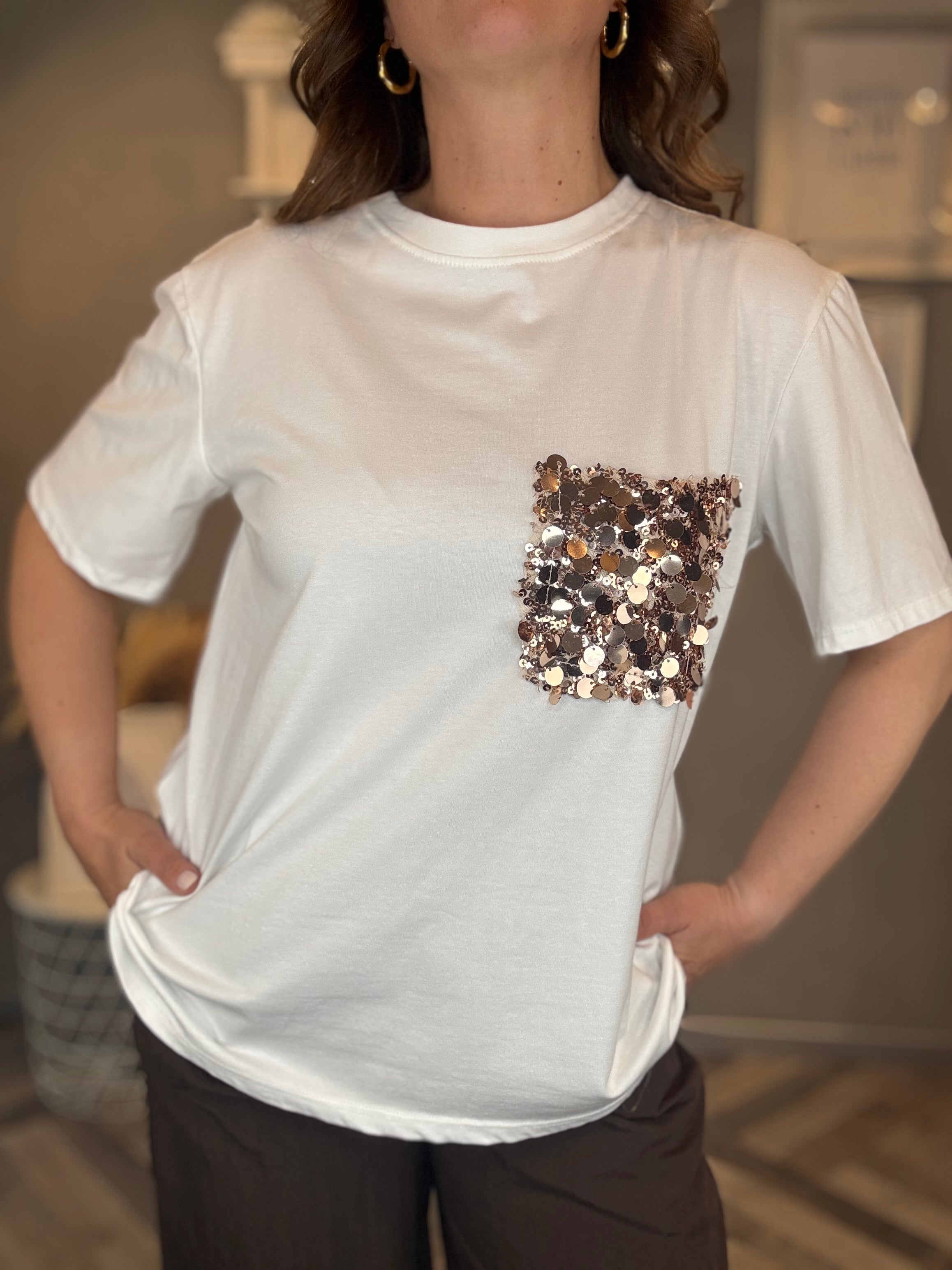 T-shirt tasca paillettes oro rosa