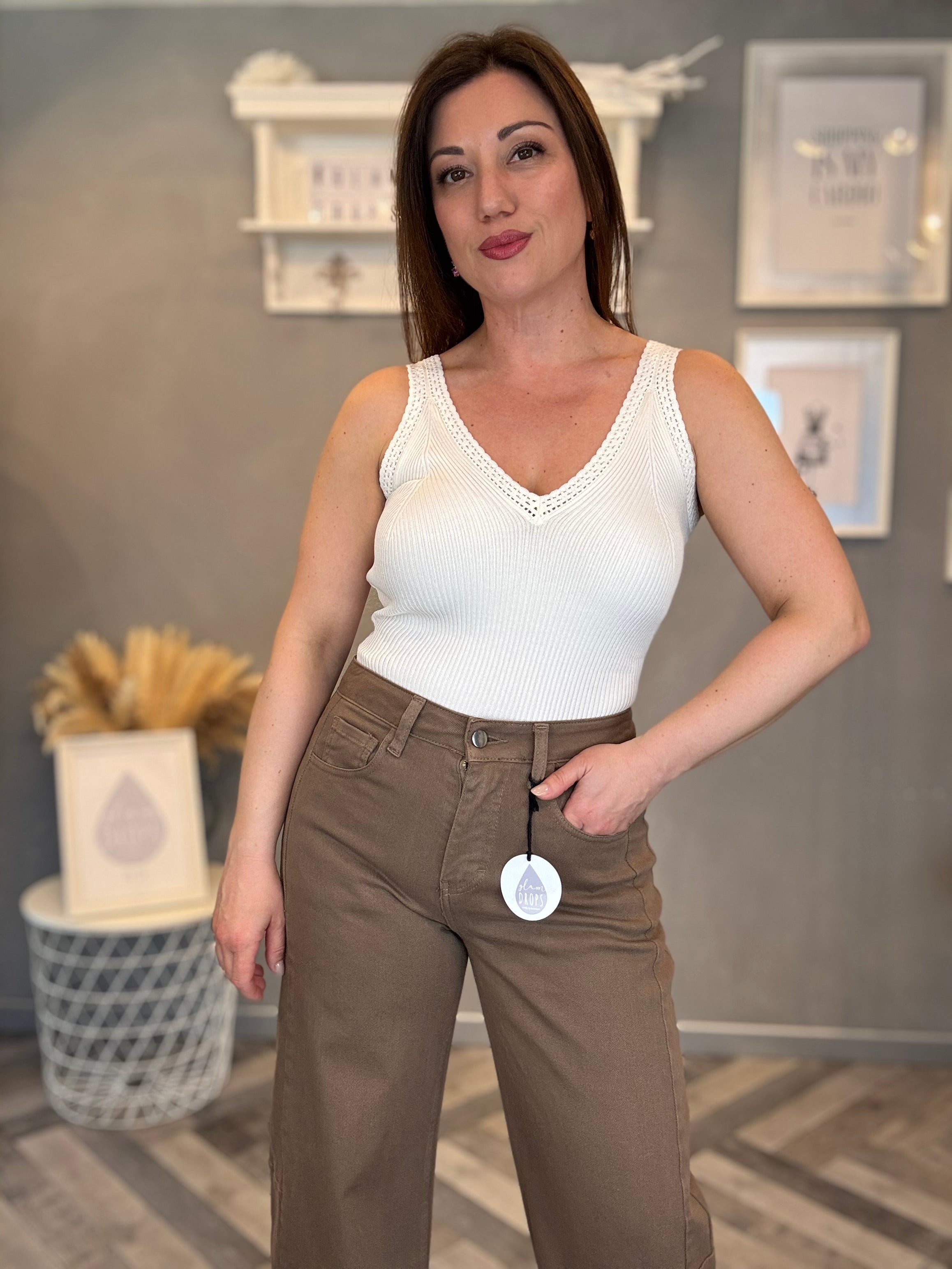 Body costina scollo pizzo burro