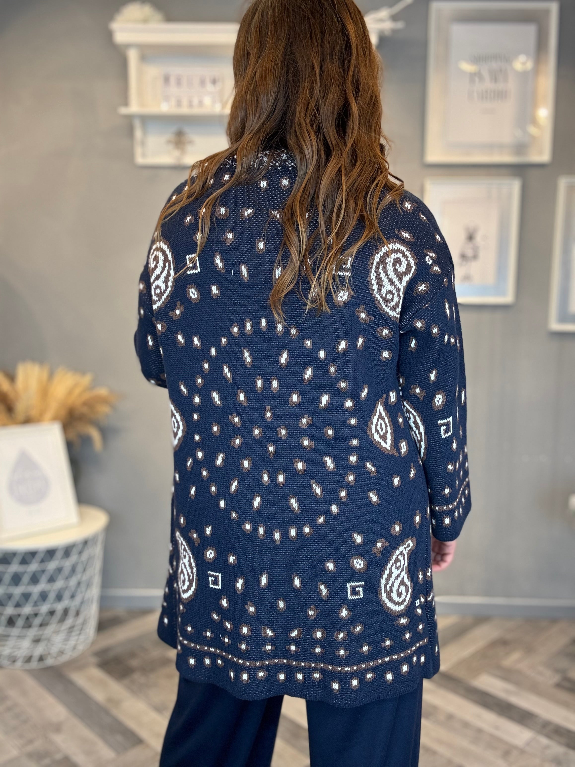 Cardigan jacquard blu con frange