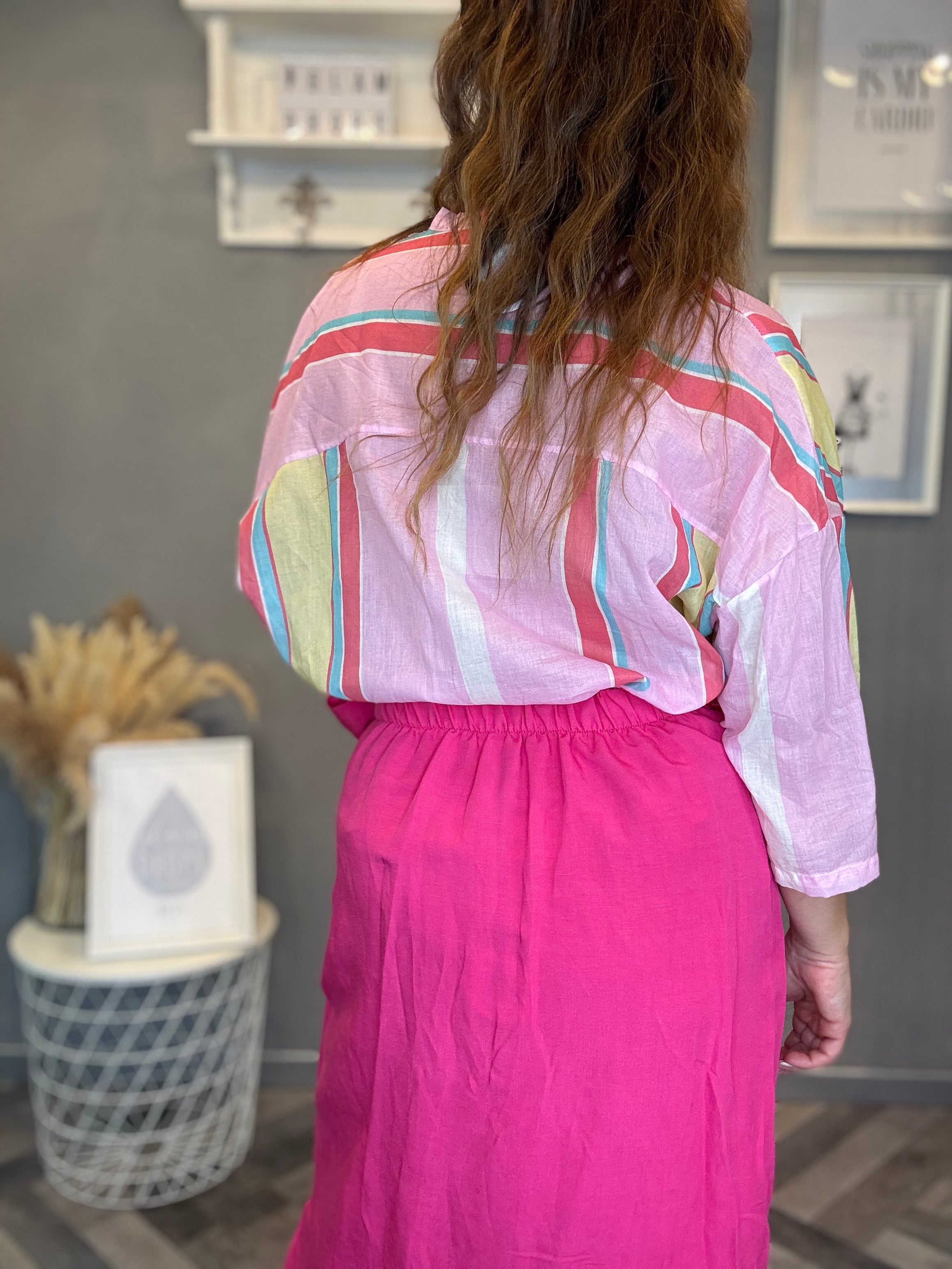 Camicia Isla Bonita coreana multiriga rosa, fucsia e giallo pastello