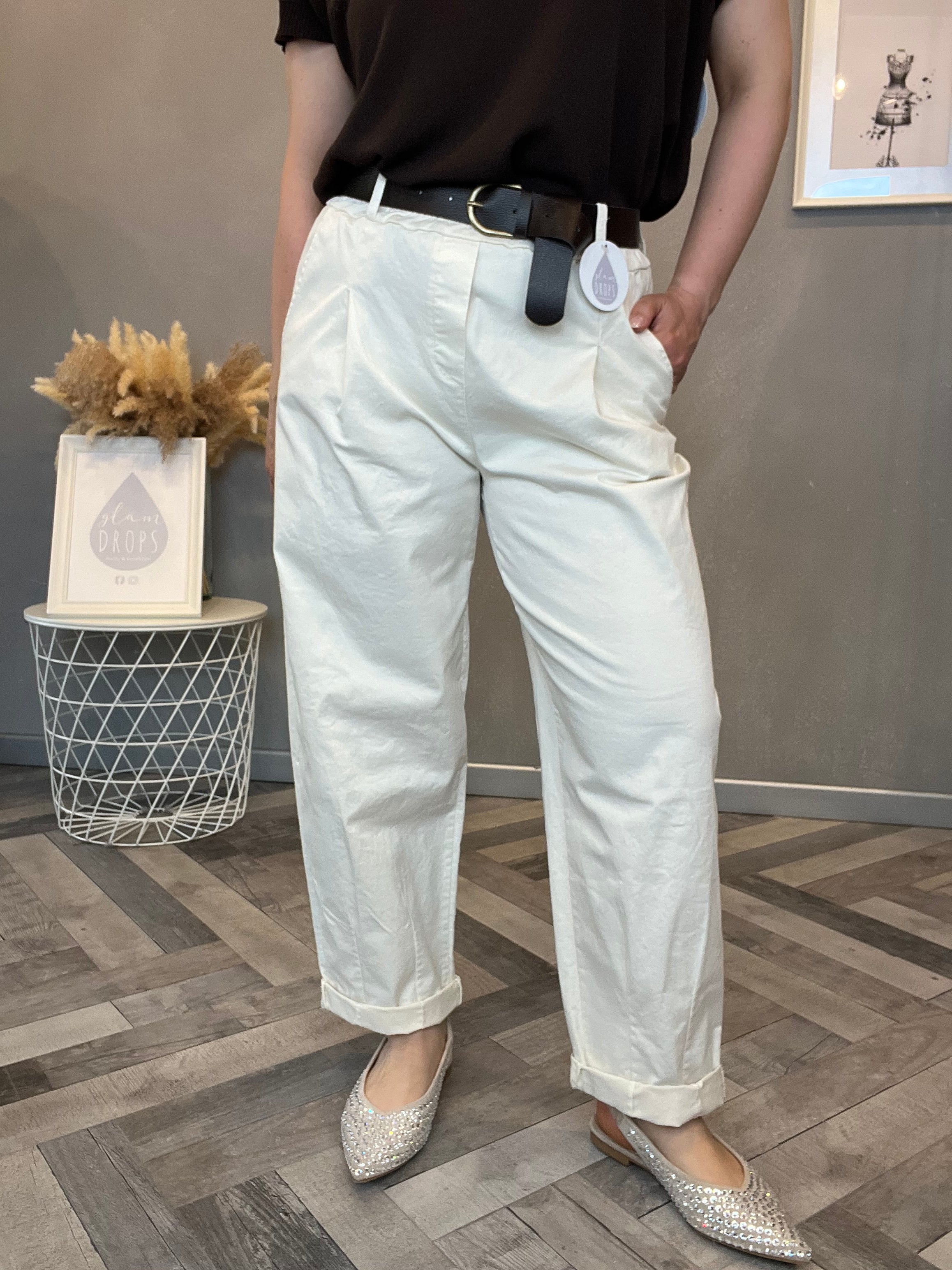 Pantalone boy-friend panna in cotone