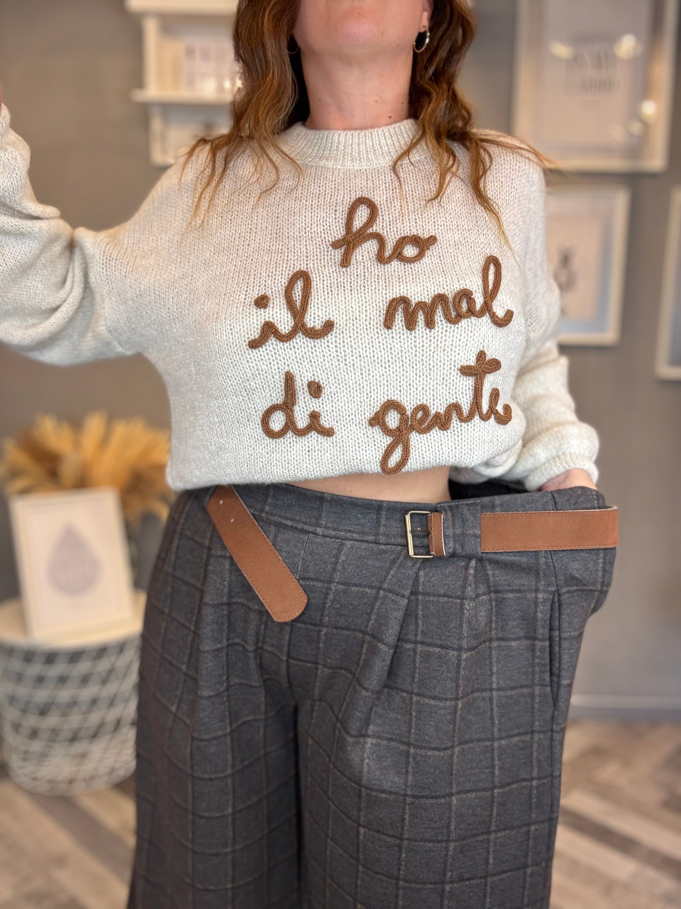 Pantalone palazzo flanella check grigio