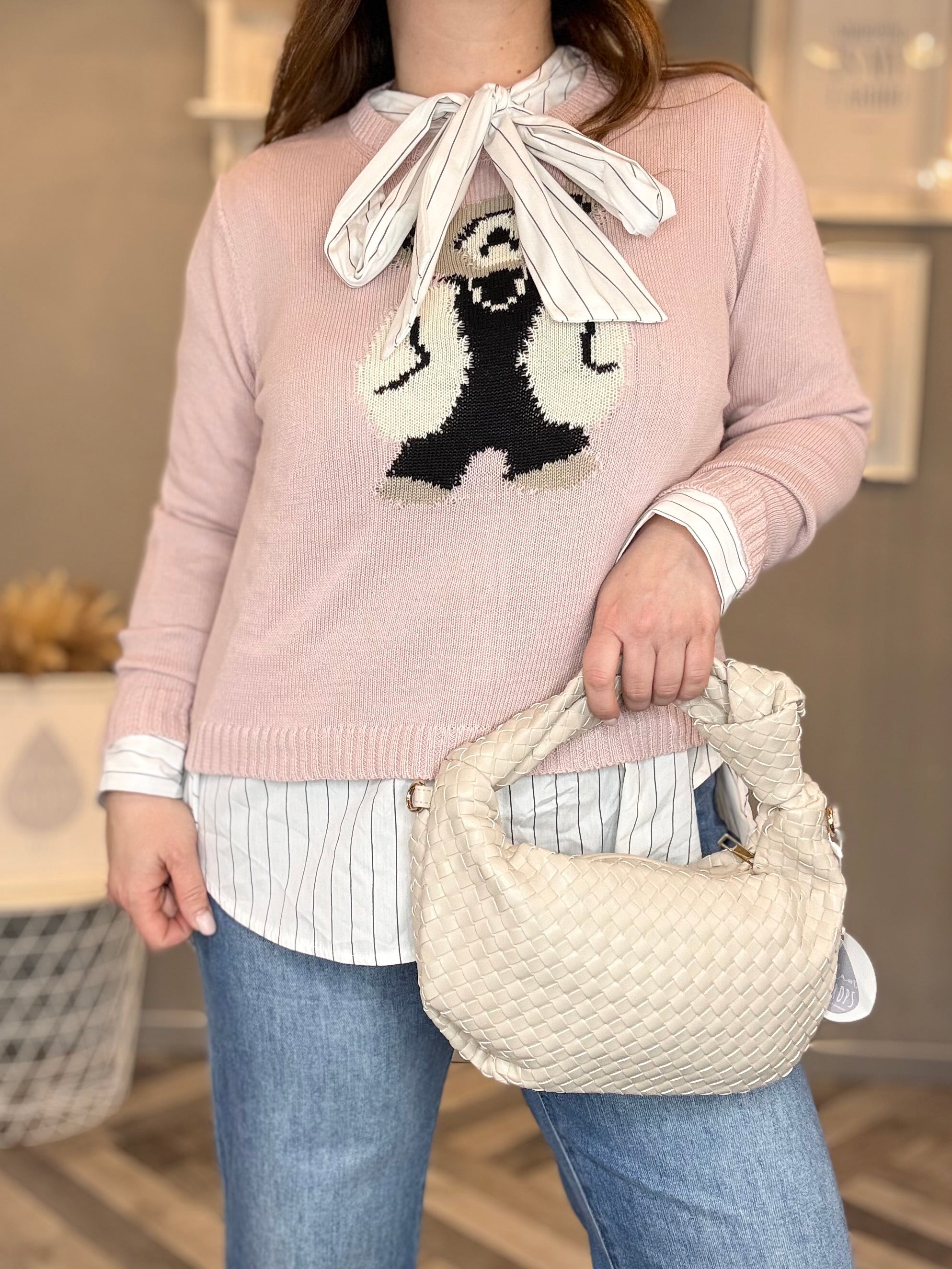 Maglioncino rosa cipria con orsetto burro