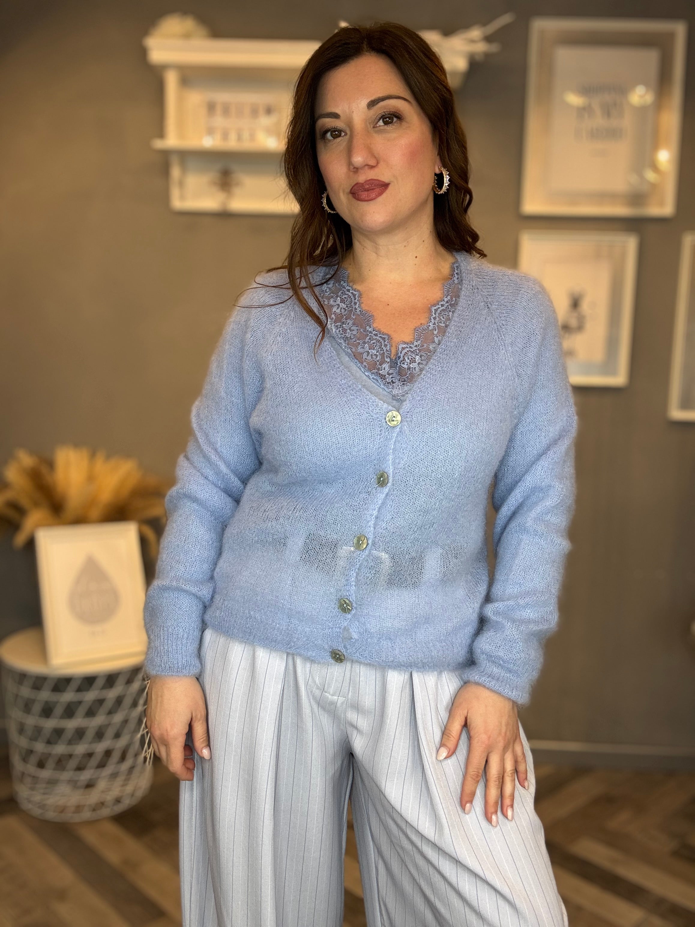 Cardigan in kid mohair celeste polvere