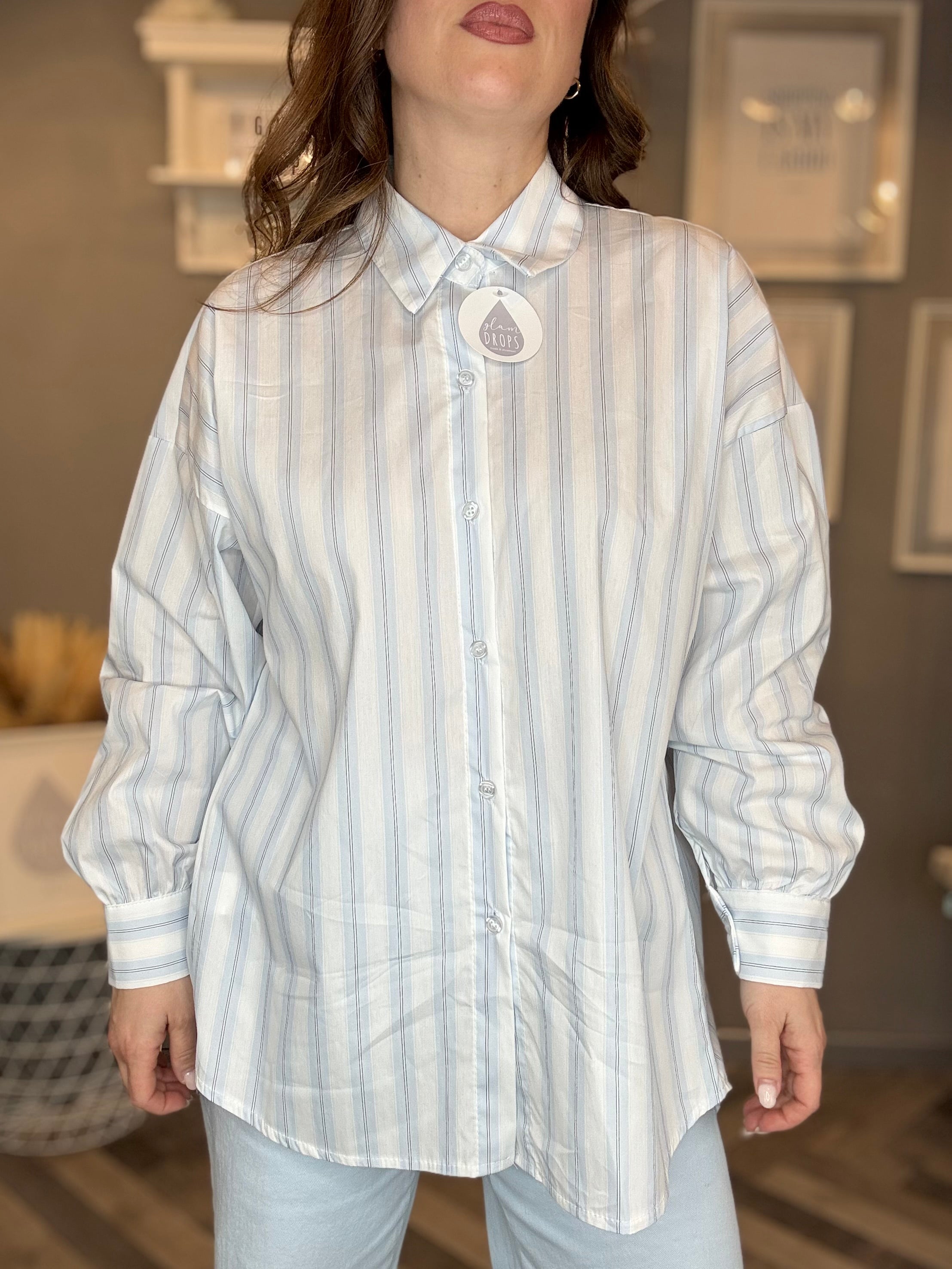 Camicia over righe soft celeste pastello