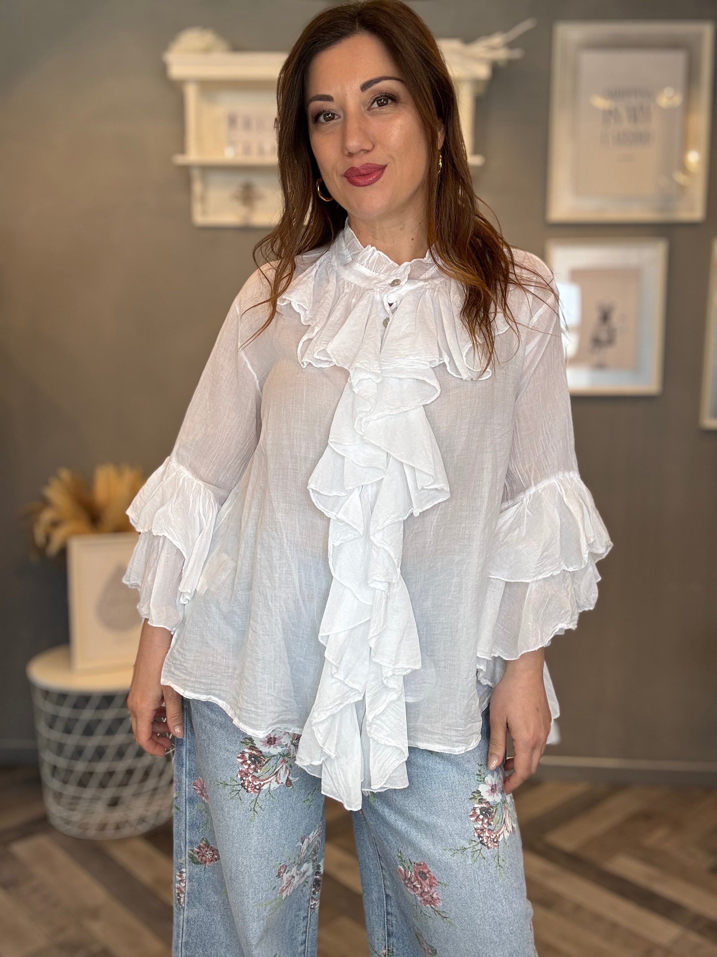 Blusa camicia volant bianca