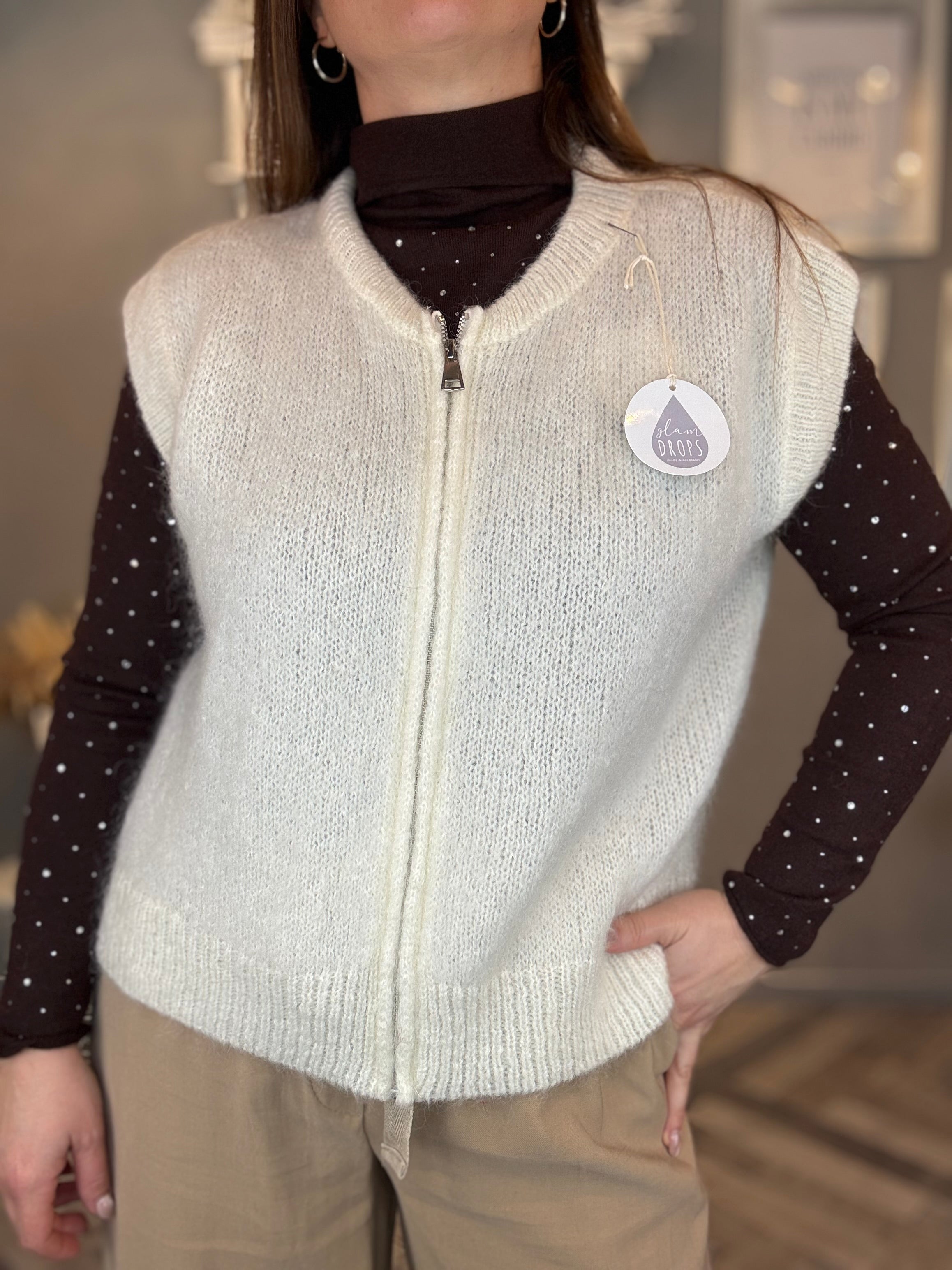 Gilet in maglia con zip panna