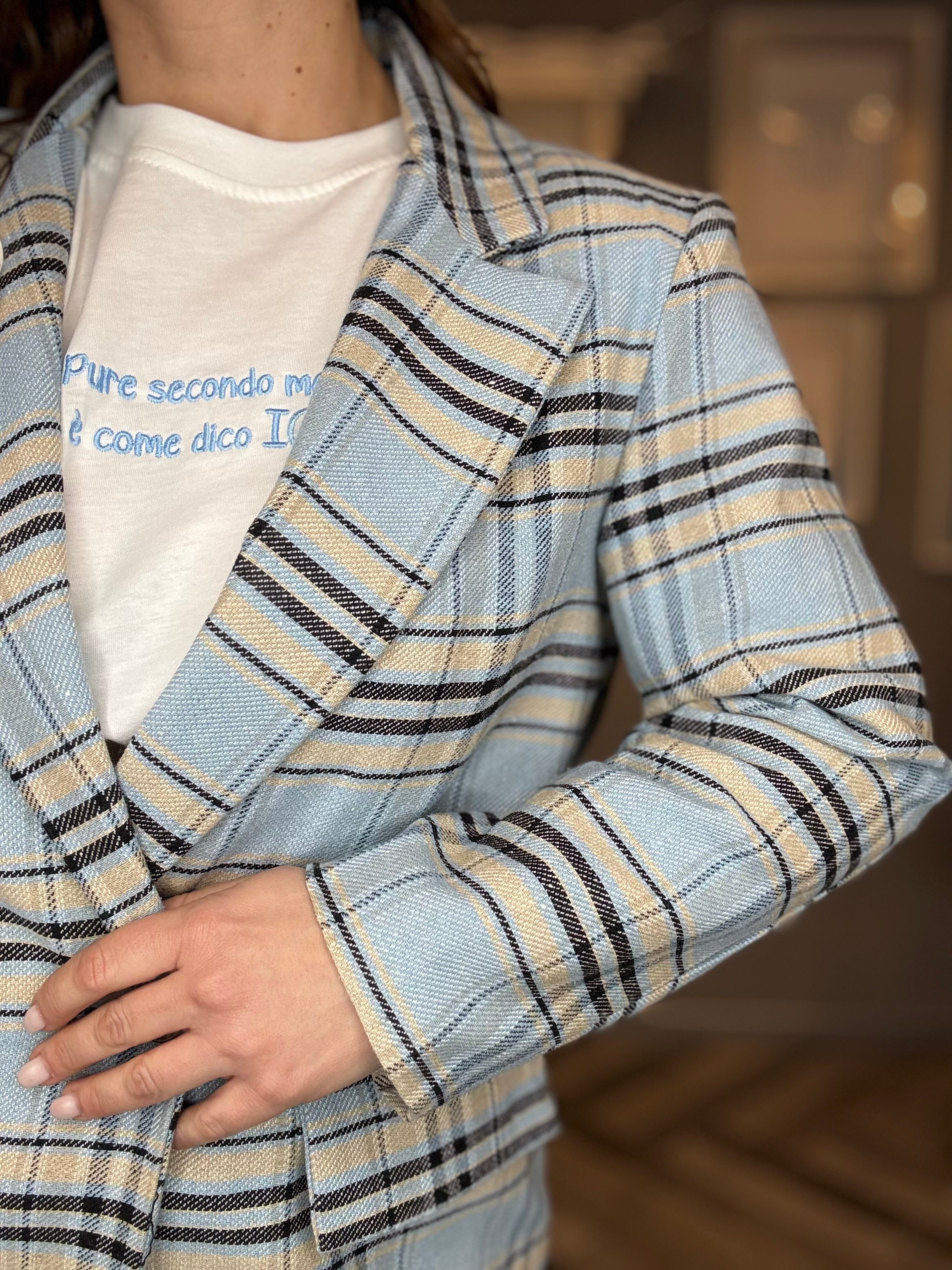 Blazer check doppiopetto celeste