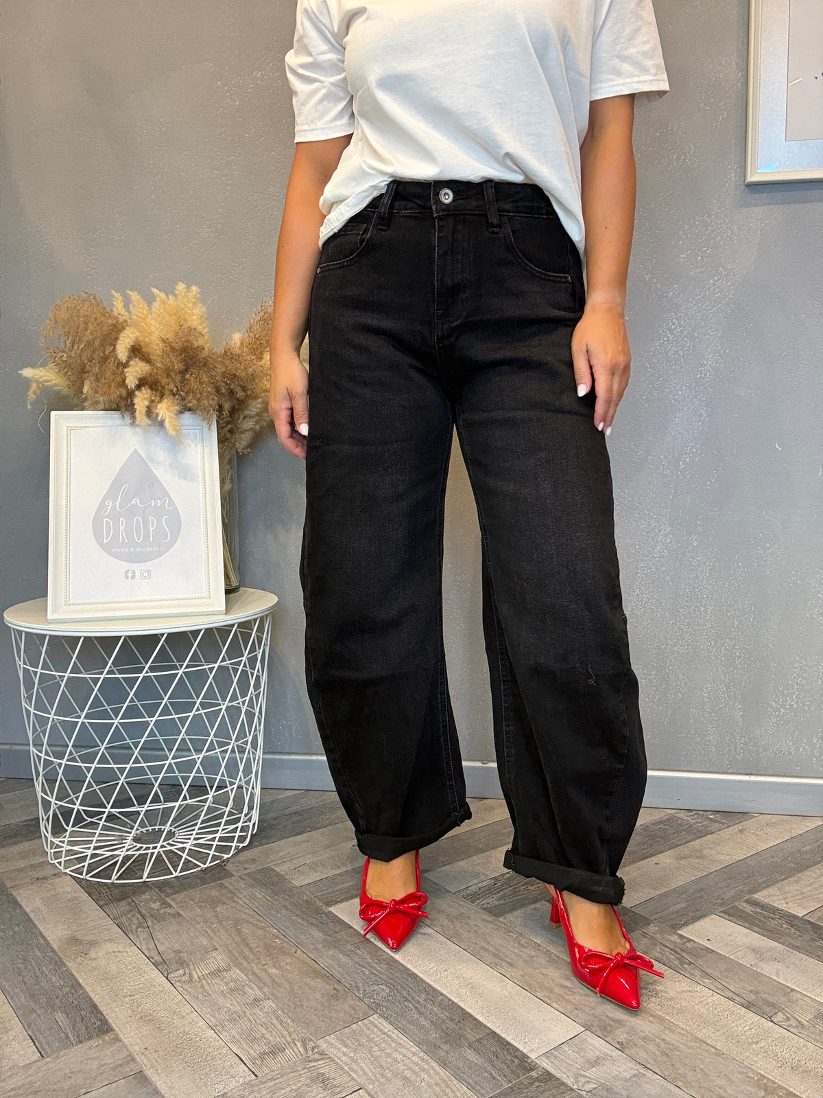 Jeans barrel nero delavé