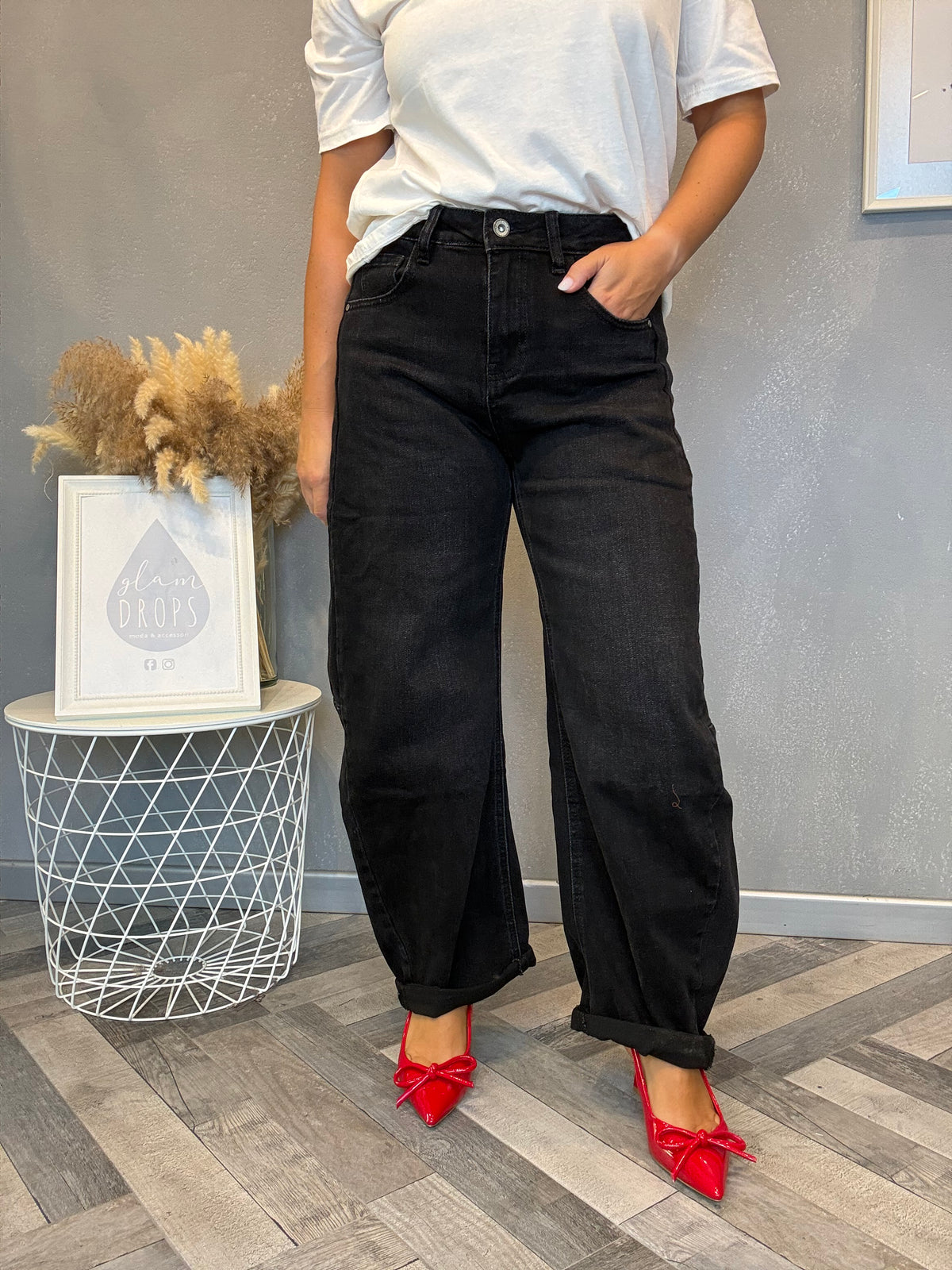 Jeans barrel nero delavé