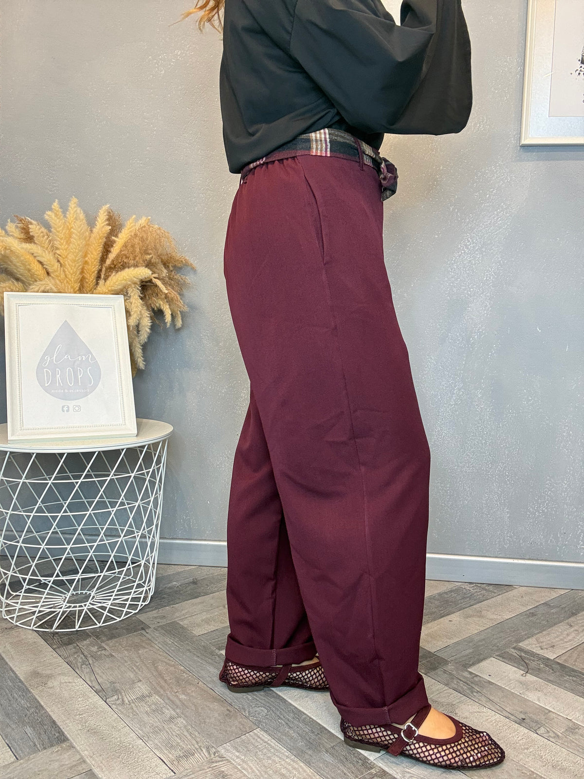 Pantalone check detail bordeaux