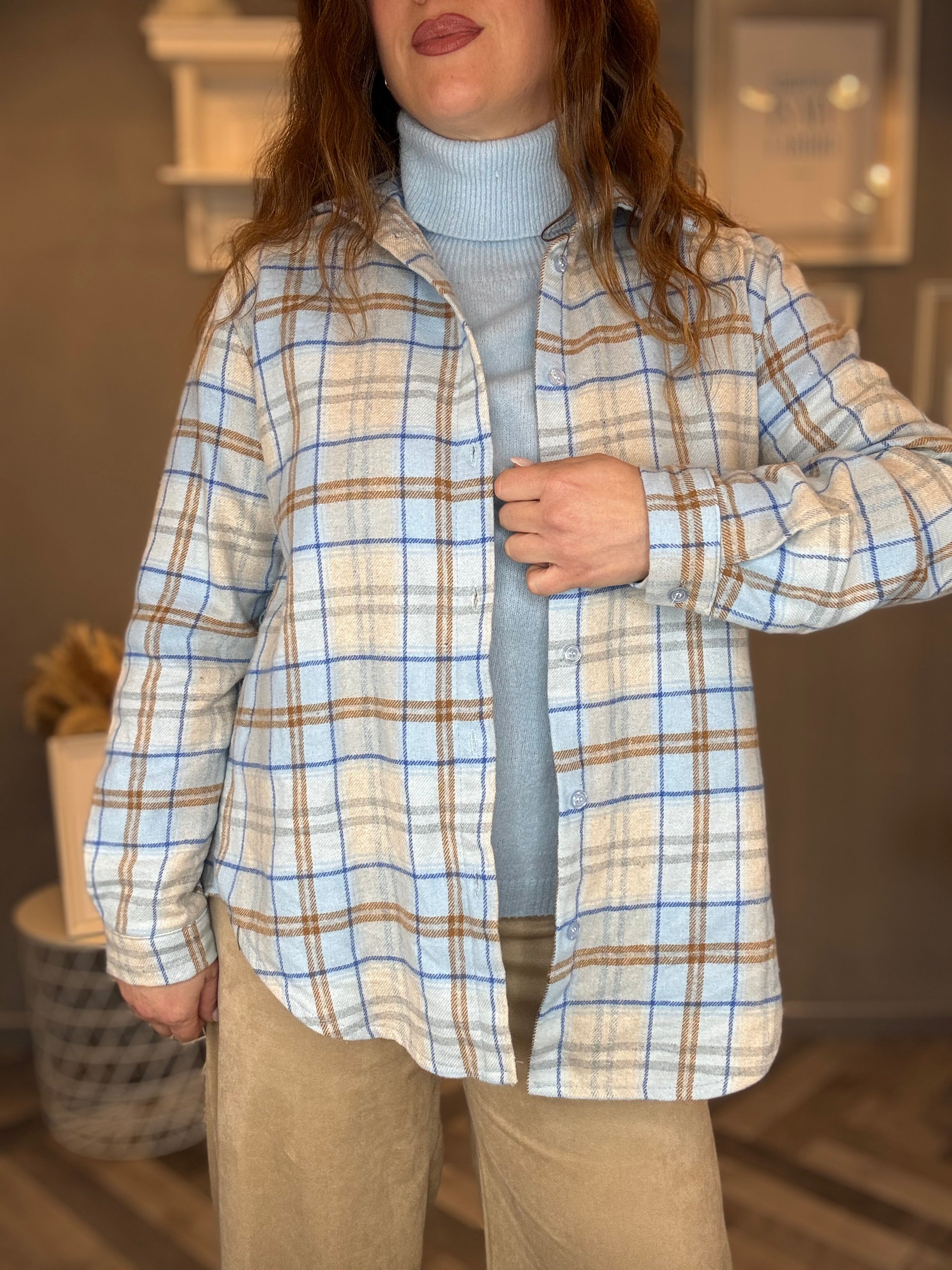 Camicia flanella check celeste