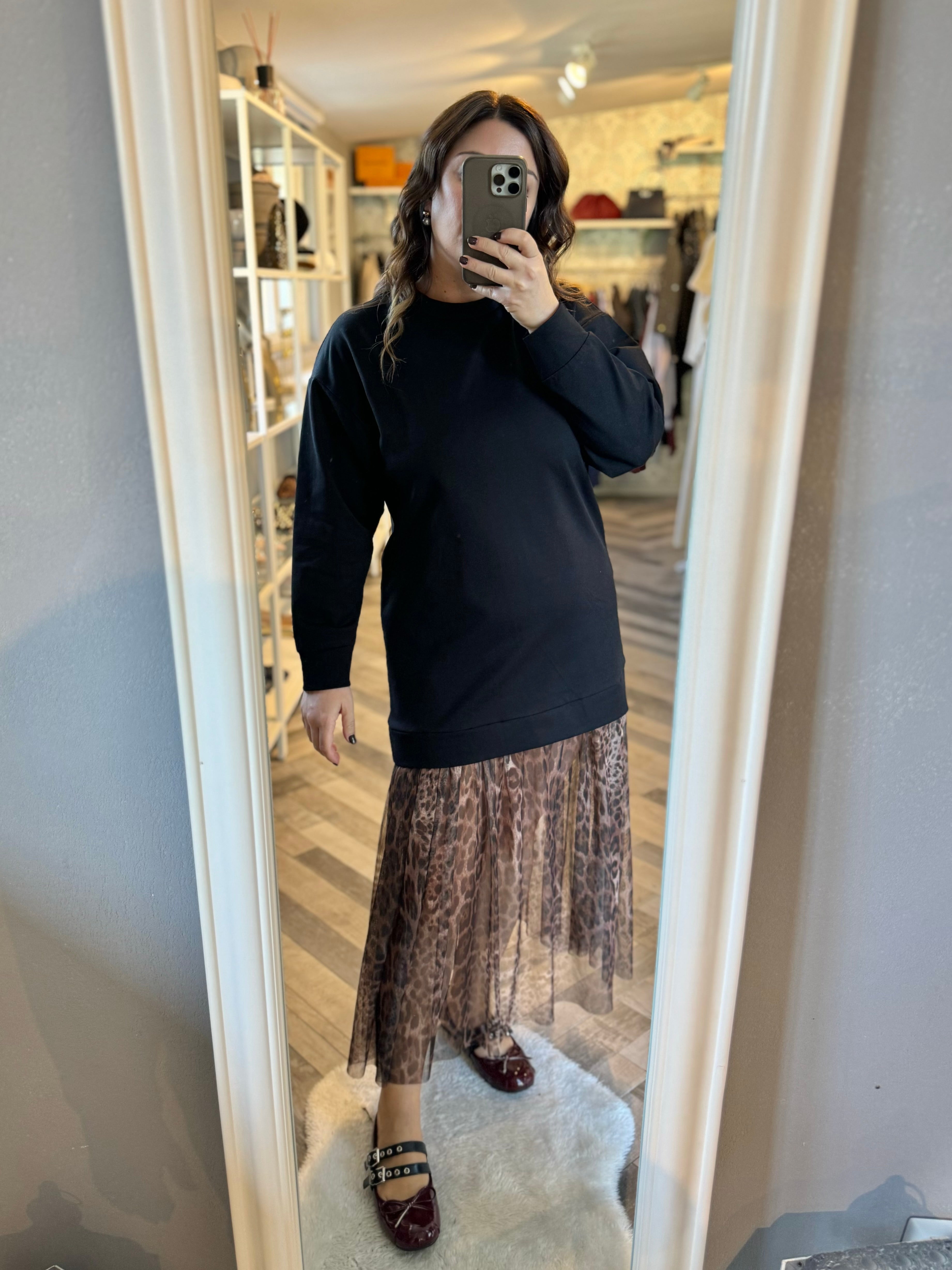 Abito felpa con tulle leopardato