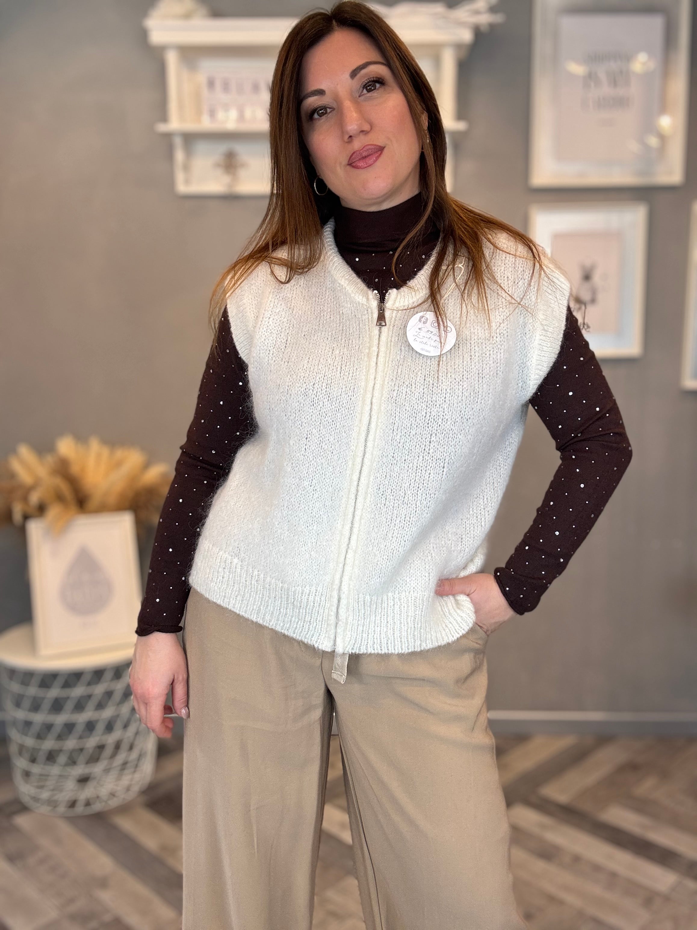 Gilet in maglia con zip panna