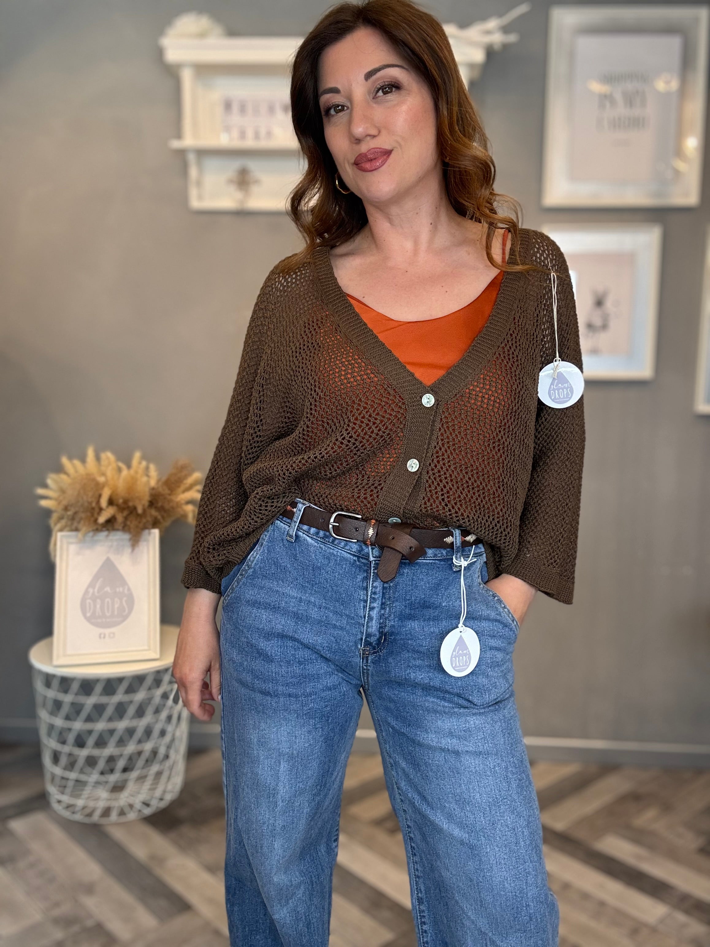 Cardigan traforato in cotone cioccolato