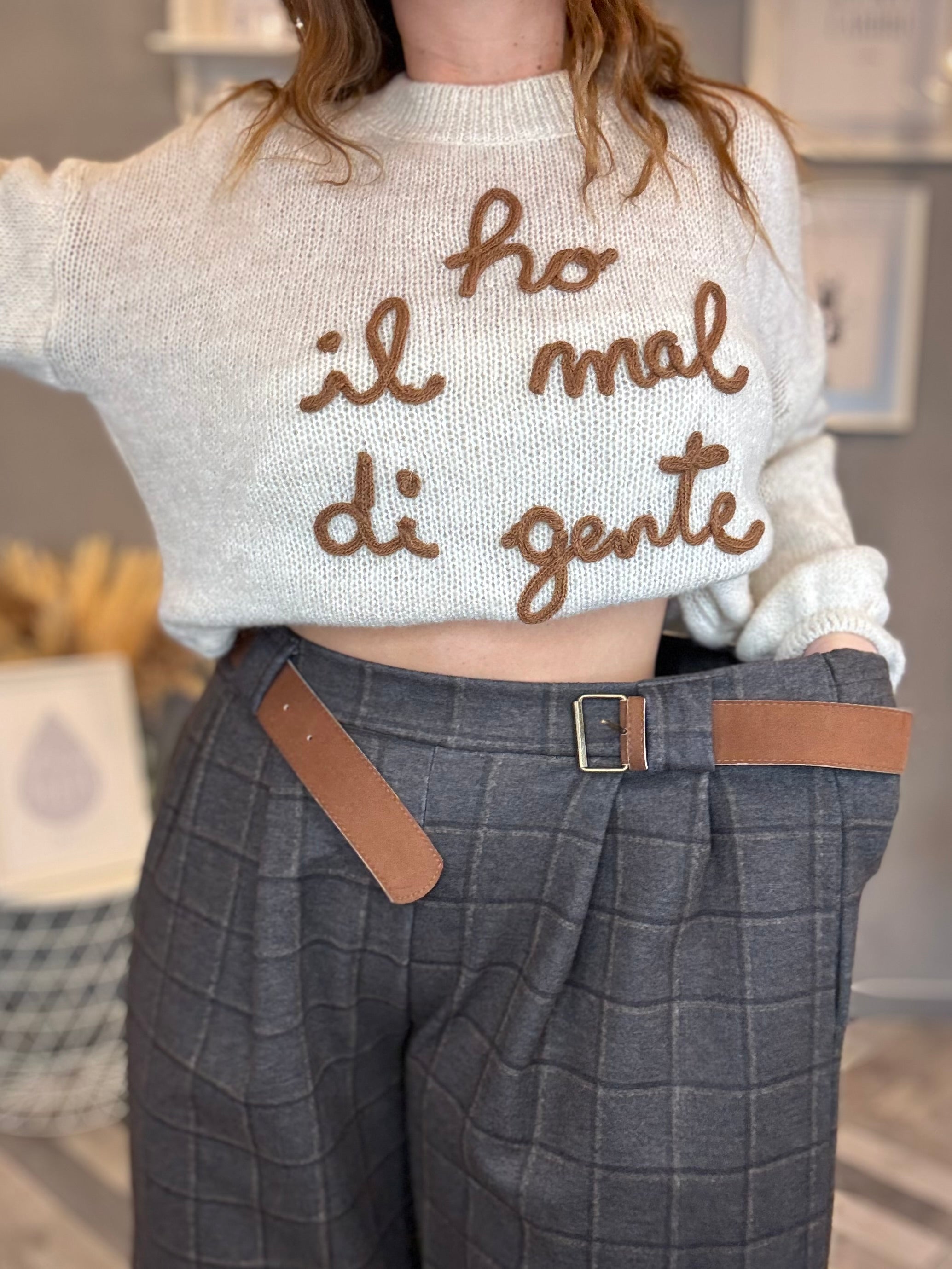 Pantalone palazzo flanella check grigio