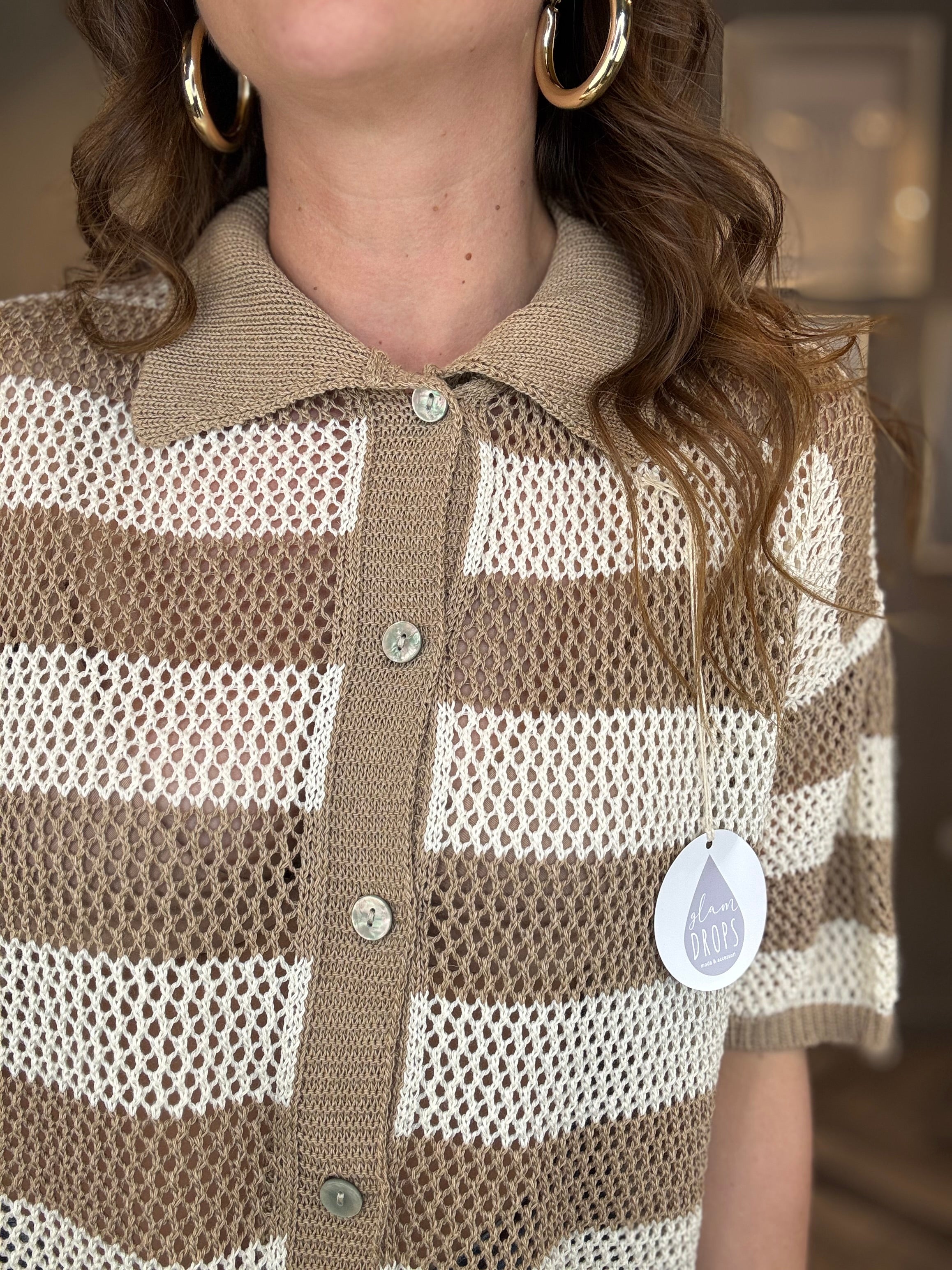 Polo traforata righe beige