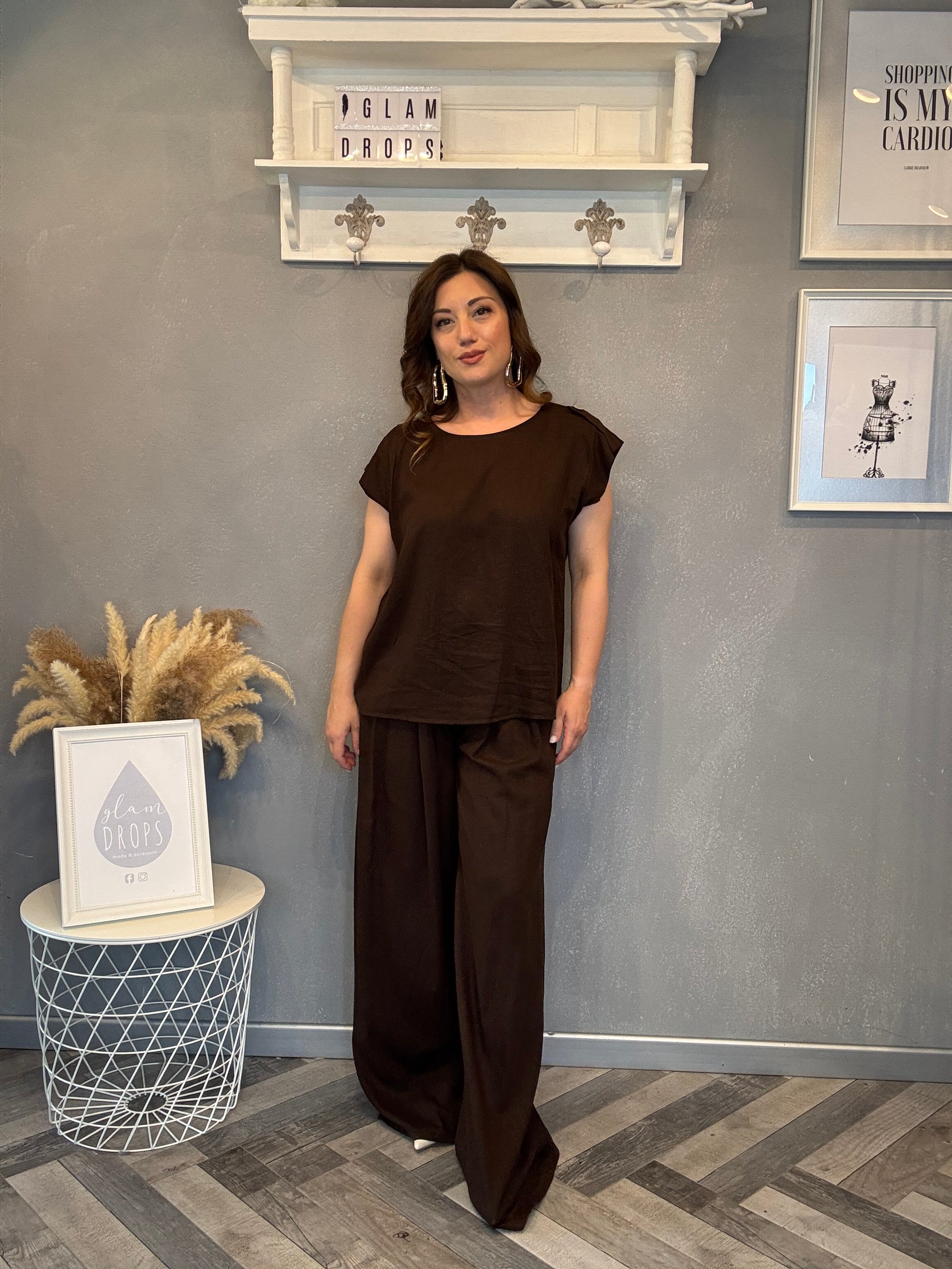 Blusa in misto lino cioccolato