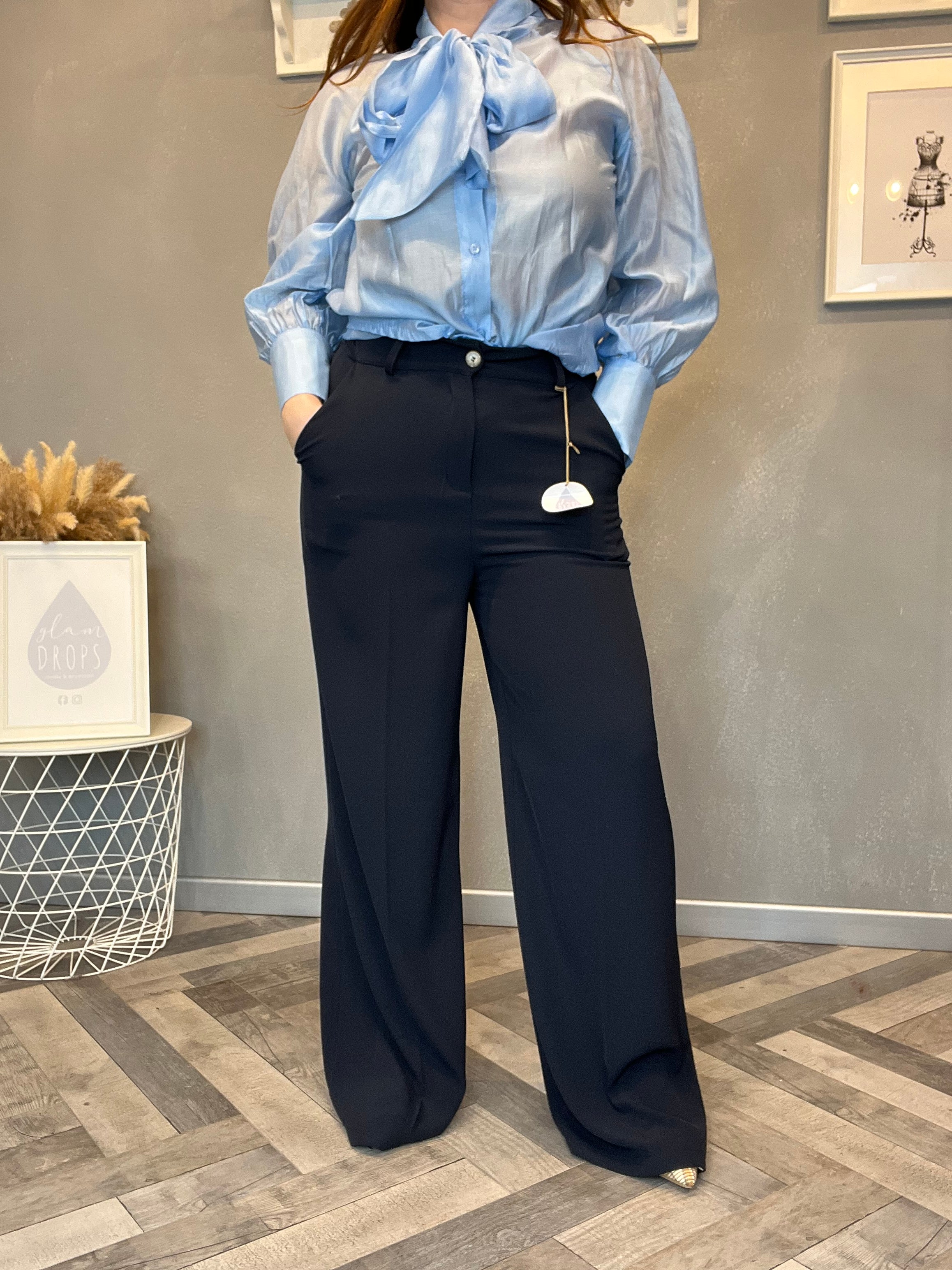 Pantalone a gamba larga a vita alta blu