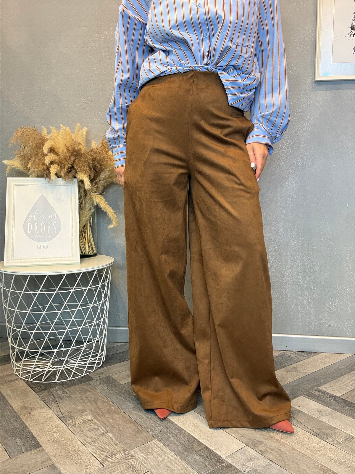 Pantalone palazzo eco suede cognac
