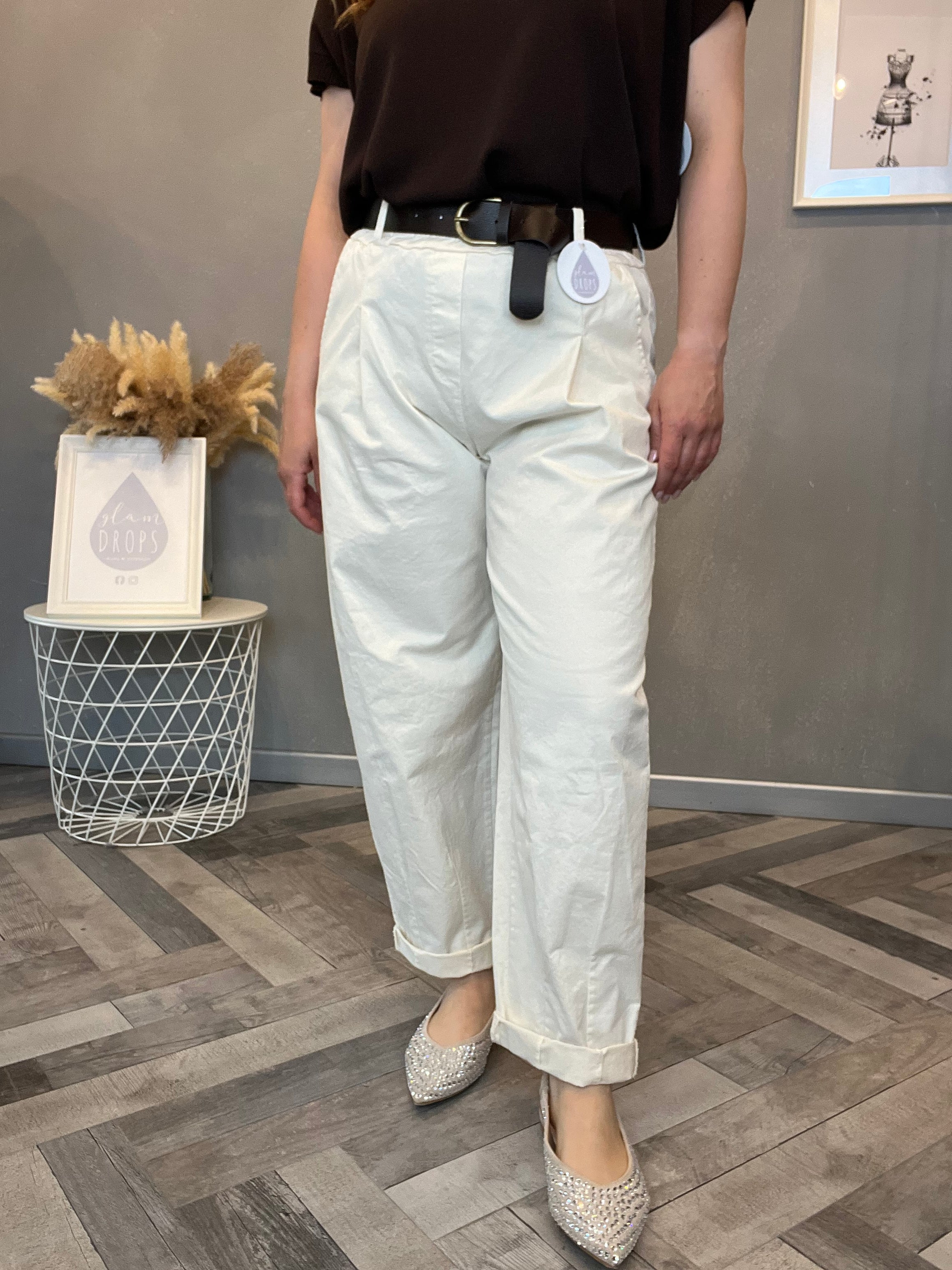 Pantalone boy-friend panna in cotone