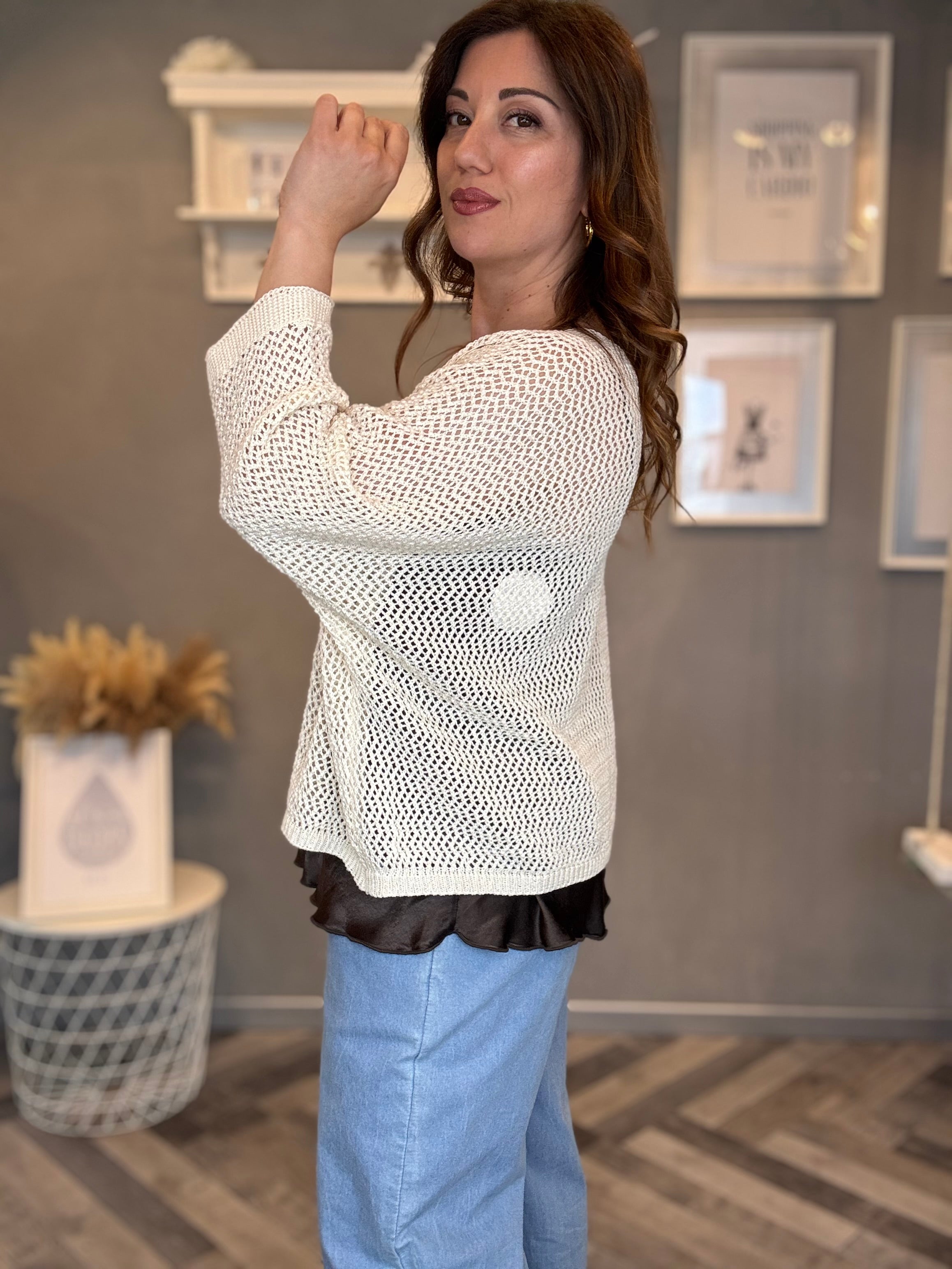 Cardigan traforato in cotone panna